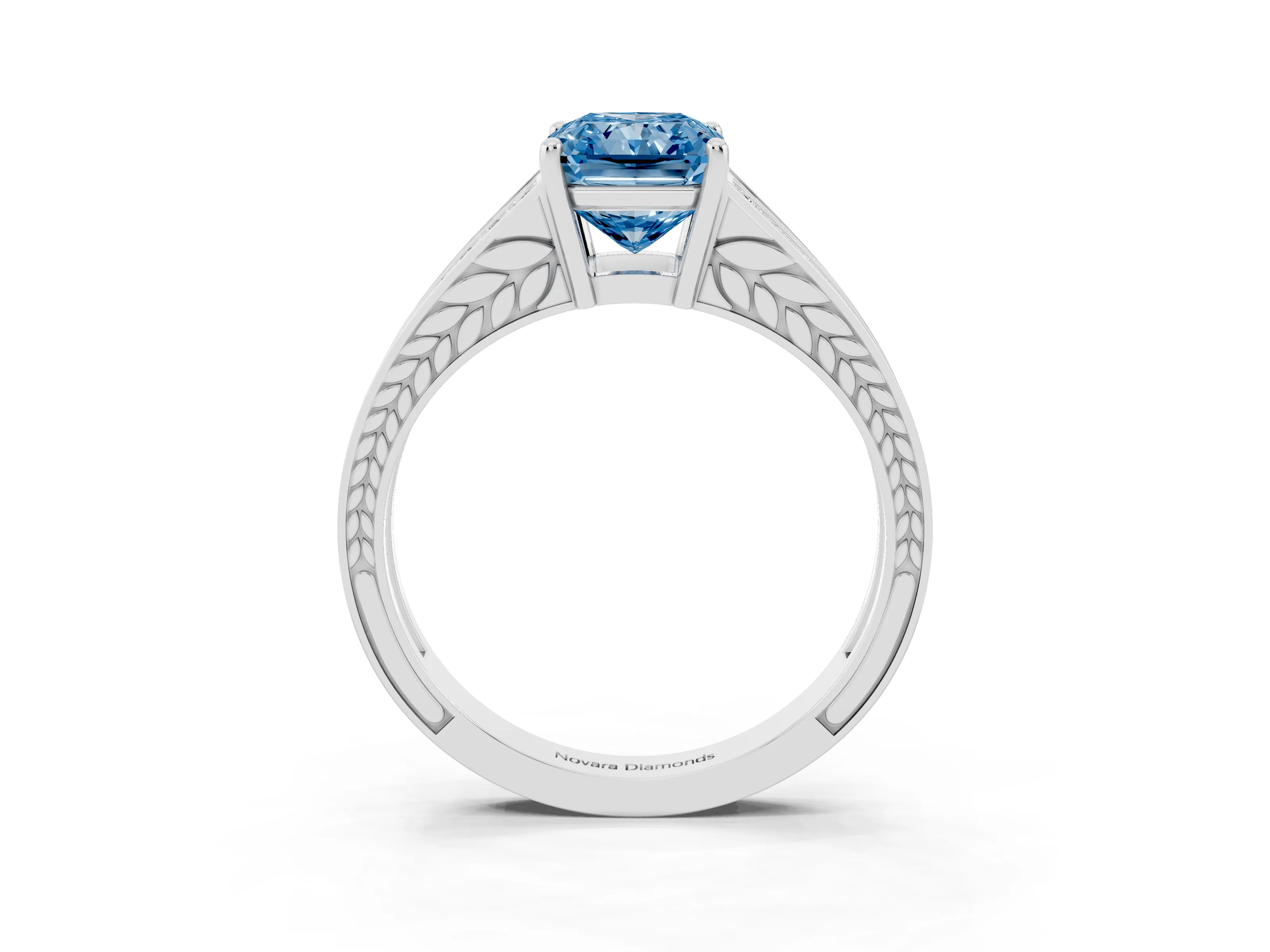 Fancy Blue Radiant Cut Diamond Split Shank Ring Set in Silver with Pavé Band and Prong Setting