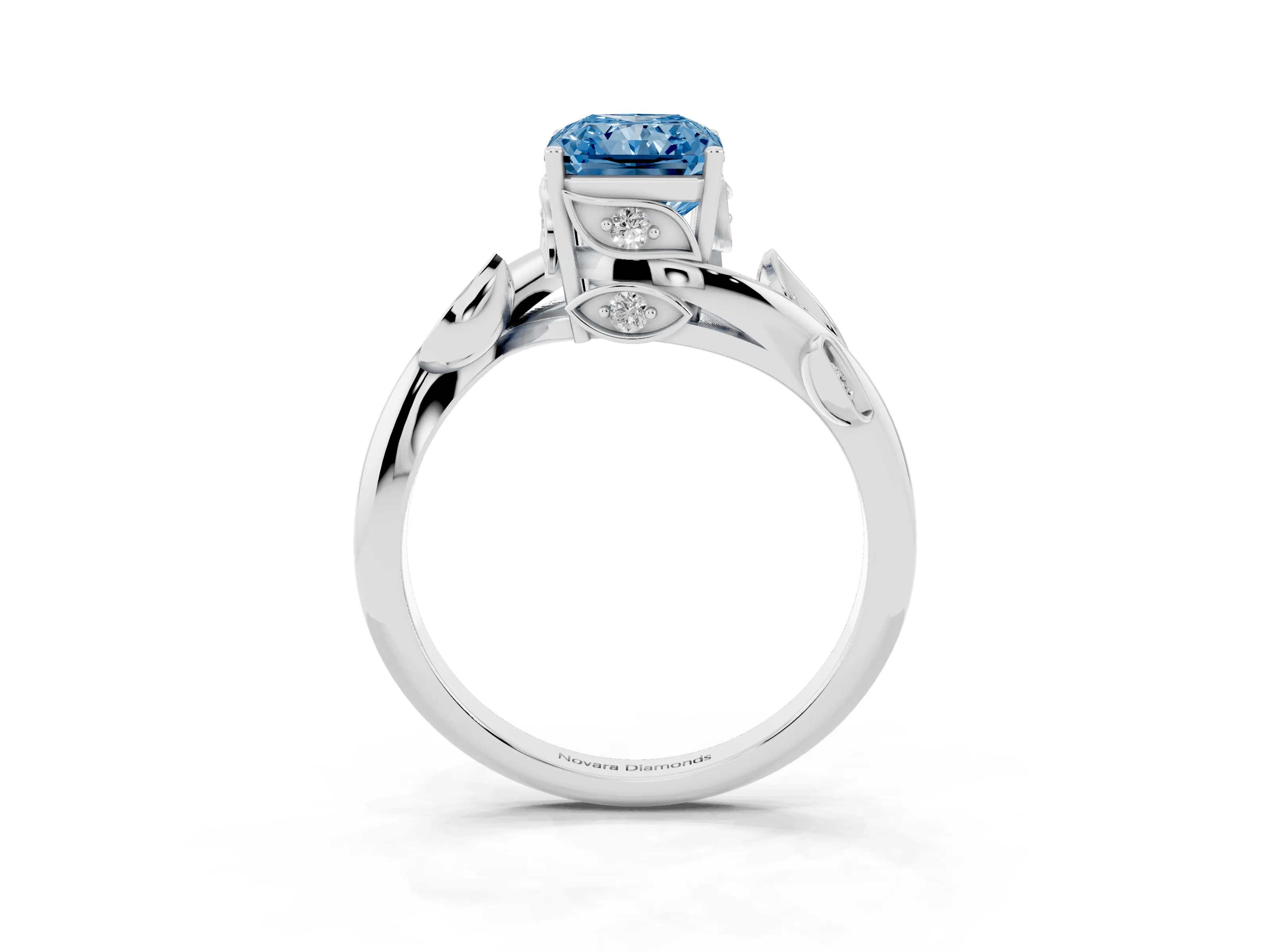 Fancy Blue Radiant Cut Diamond Solitaire Twist Engagement Ring Set in White gold with Pavé Leaf Accents