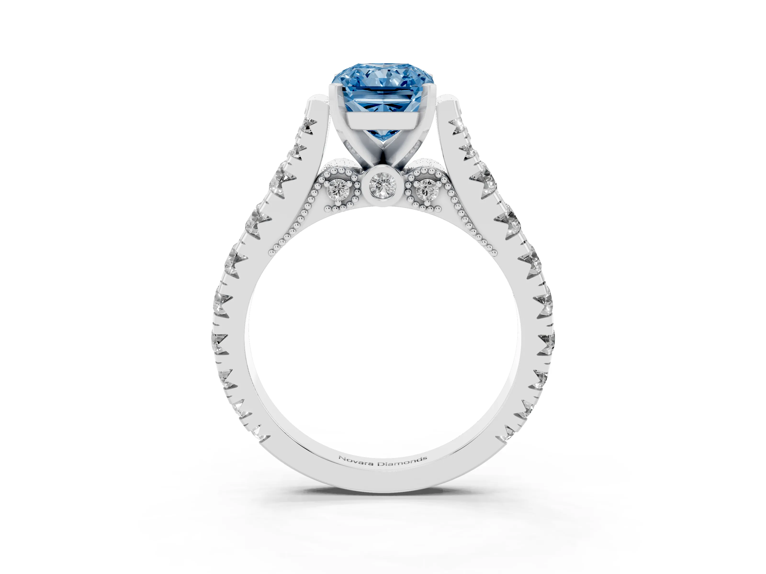 Fancy Blue Radiant Cut Diamond Classic Solitaire Ring Set in White gold with Pavé Band and Prong Setting