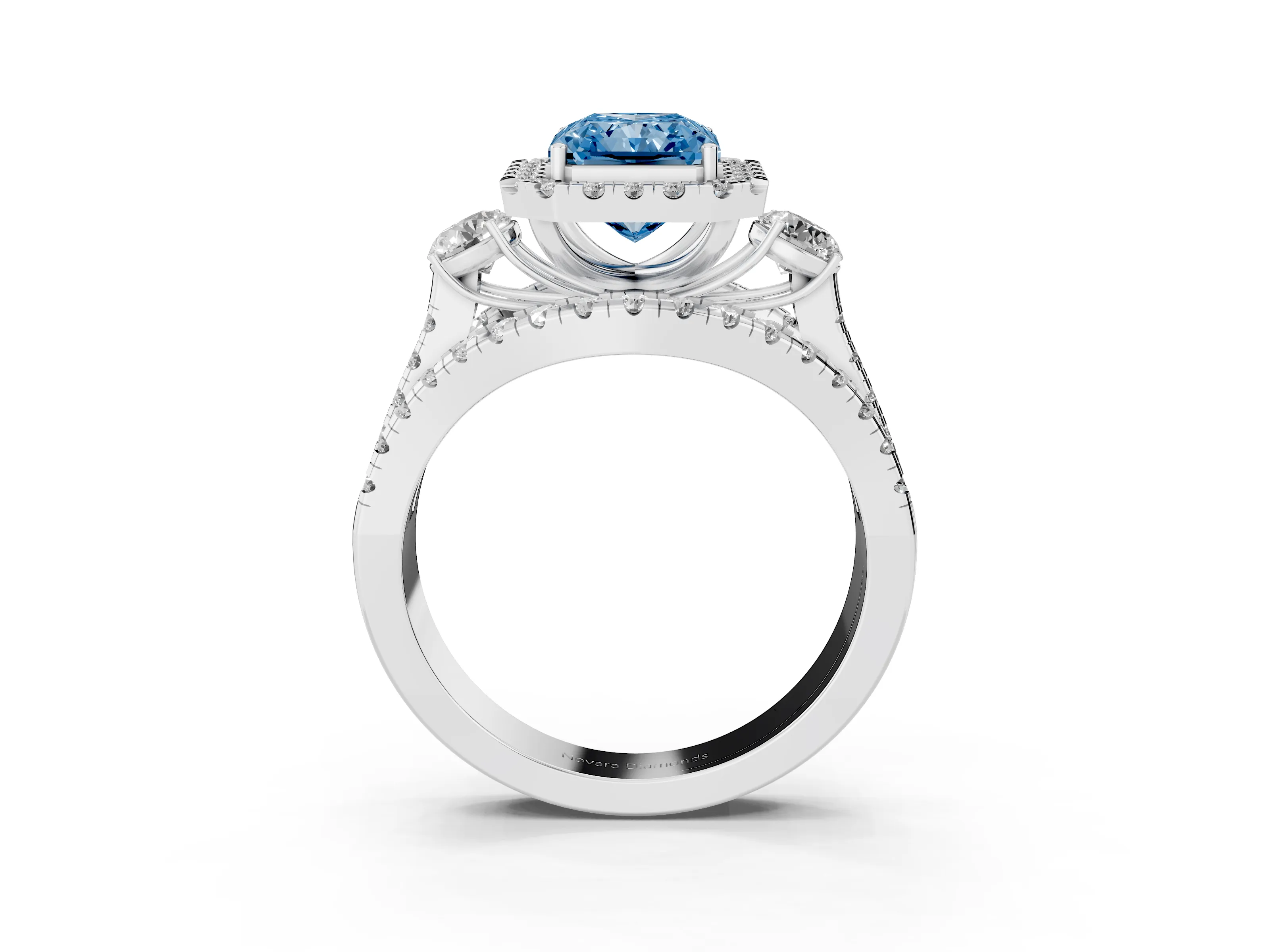 Fancy Blue Radiant Cut Diamond Halo Split Shank Ring Set in Platinum with Round Accent Stones and Prong Setting