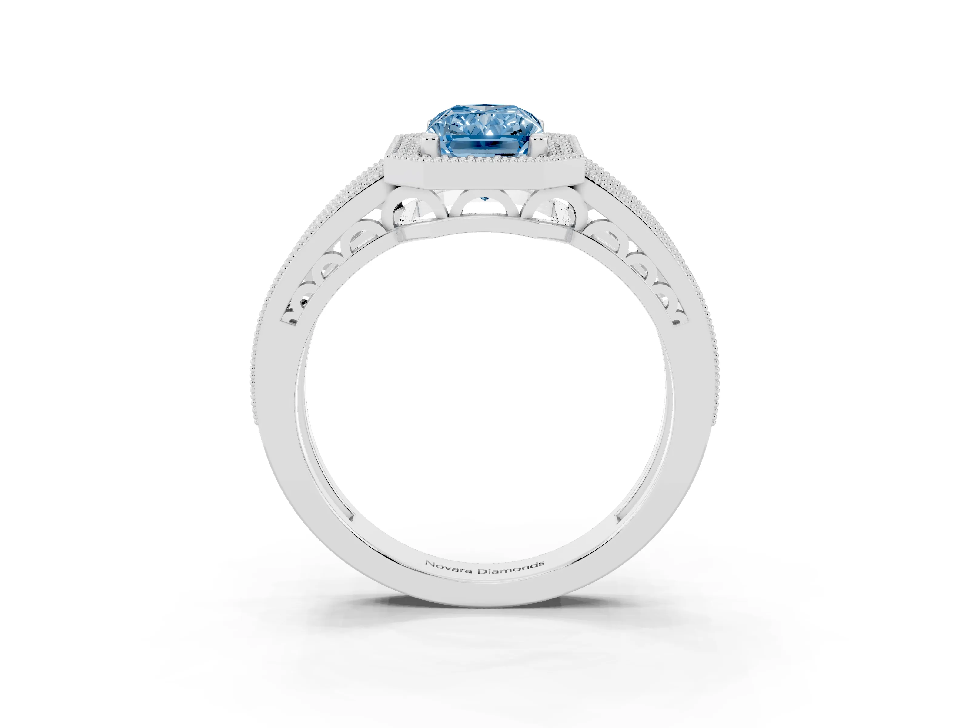 Fancy Blue Radiant Cut Diamond Halo Ring Set in Silver with Accent Split Shank and Prong Setting
