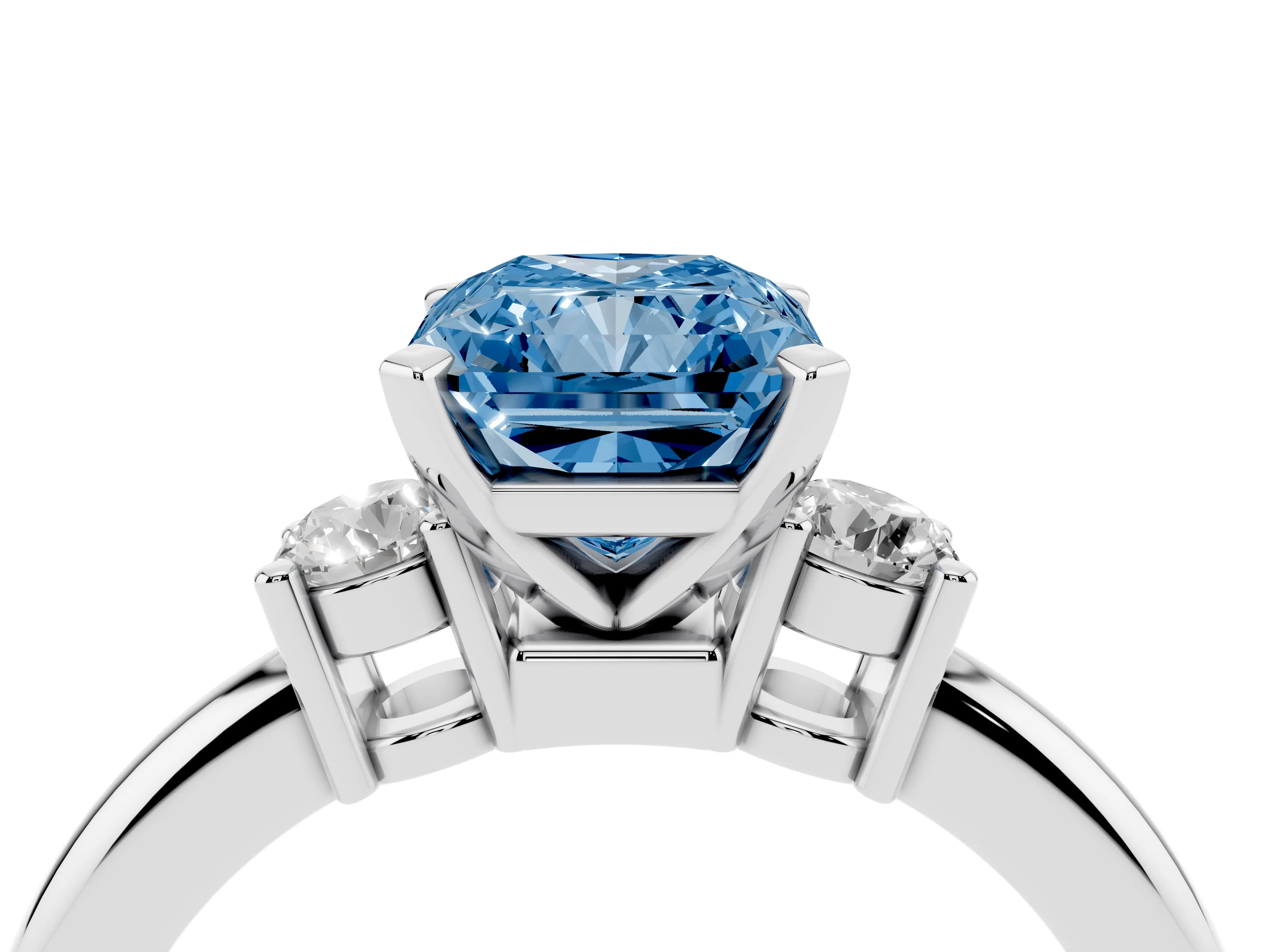 Fancy Blue Three-Stone Radiant Cut Diamond Ring Set in White gold with Prong Setting and Plain Band