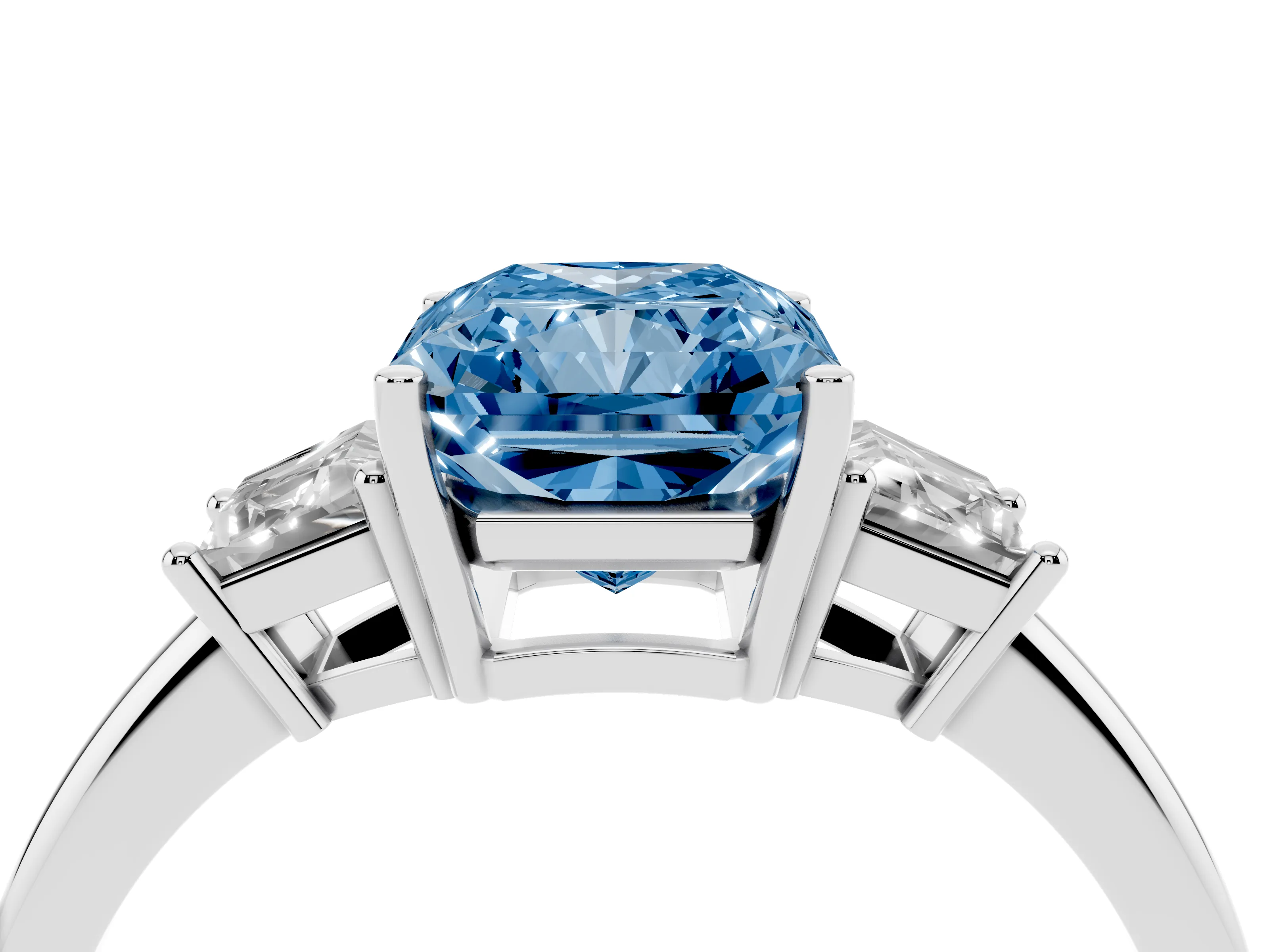 Fancy Blue Radiant Cut Diamond Three-Stone Ring Set in Silver with Trapezoid Side Stones and Prong Setting