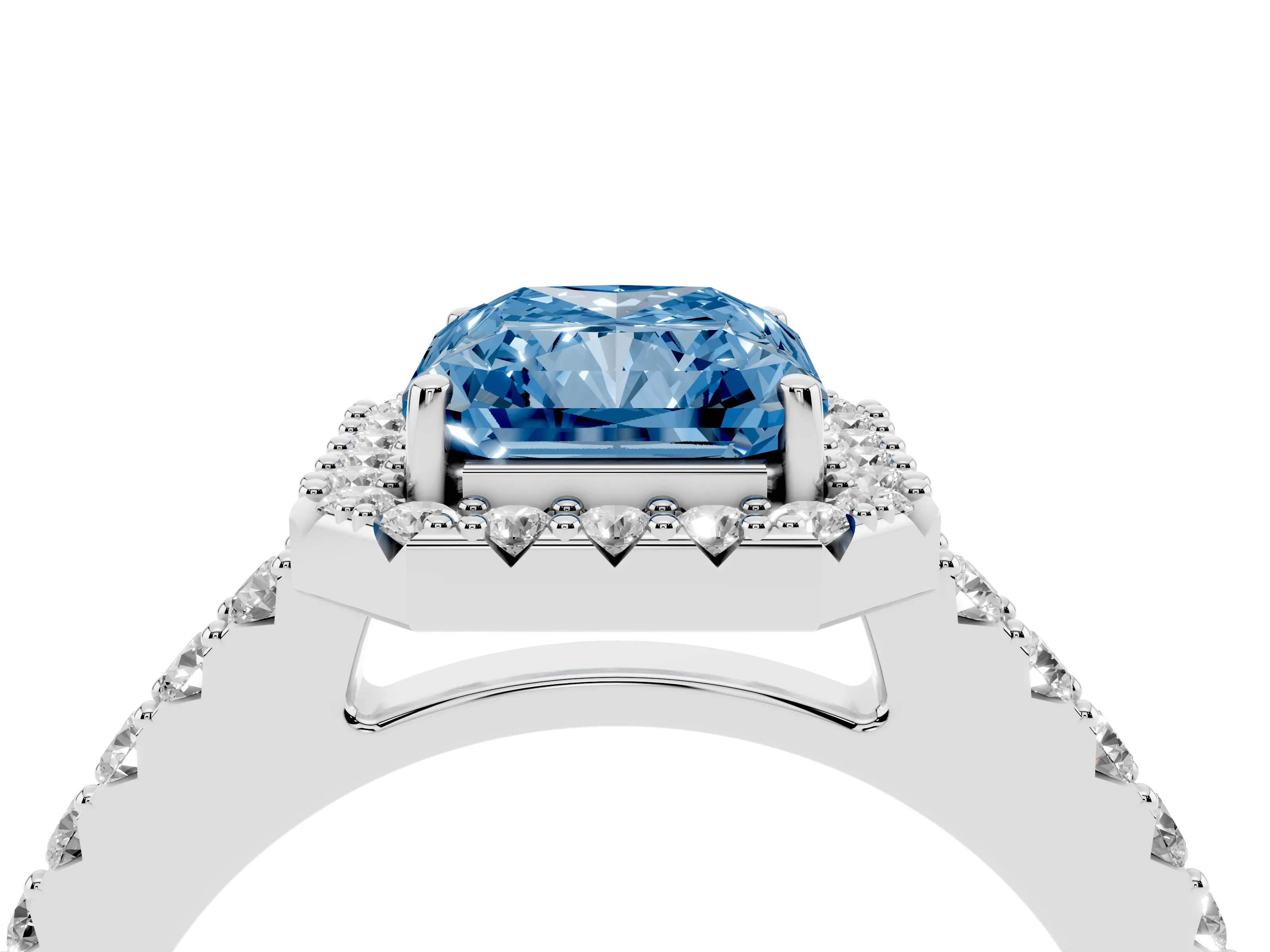 Fancy Blue Radiant Cut Diamond Halo Pavé Solitaire Ring Set in Platinum with Prong-Set Center Stone