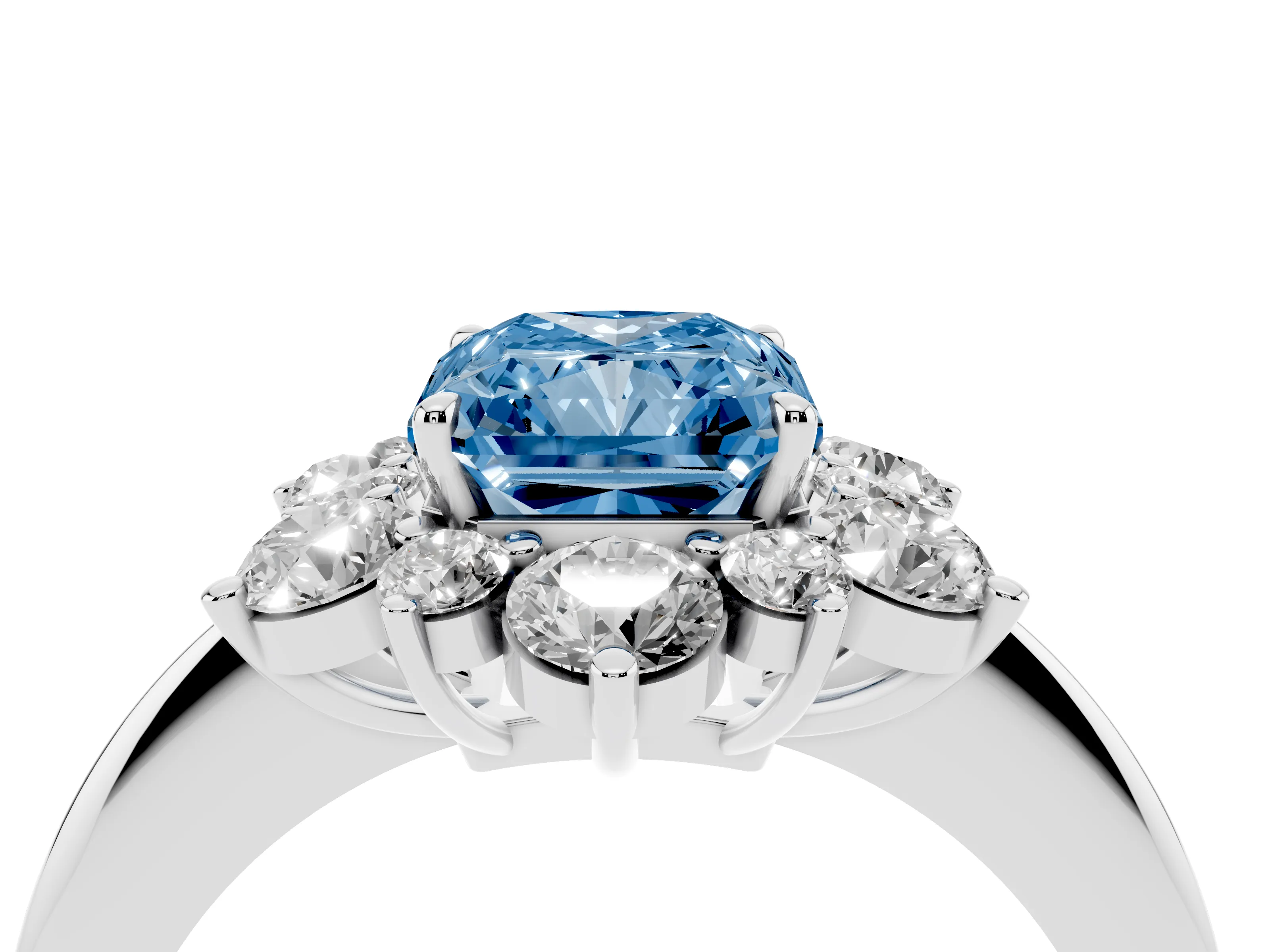Fancy Blue Radiant Cut Diamond Cluster Halo Ring Set in Platinum with Solitaire Band and Prong Setting