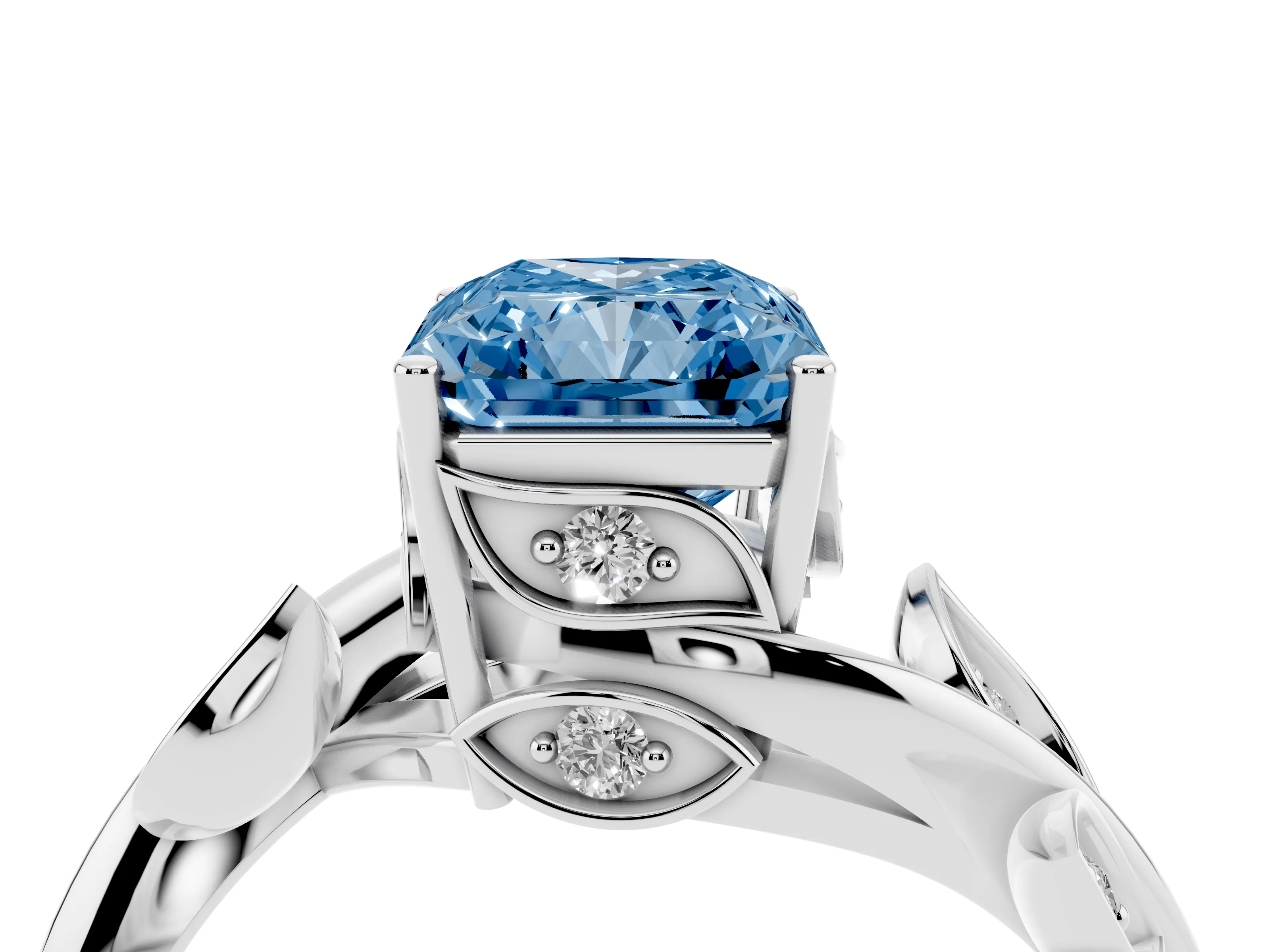 Fancy Blue Radiant Cut Diamond Solitaire Twist Engagement Ring Set in White gold with Pavé Leaf Accents