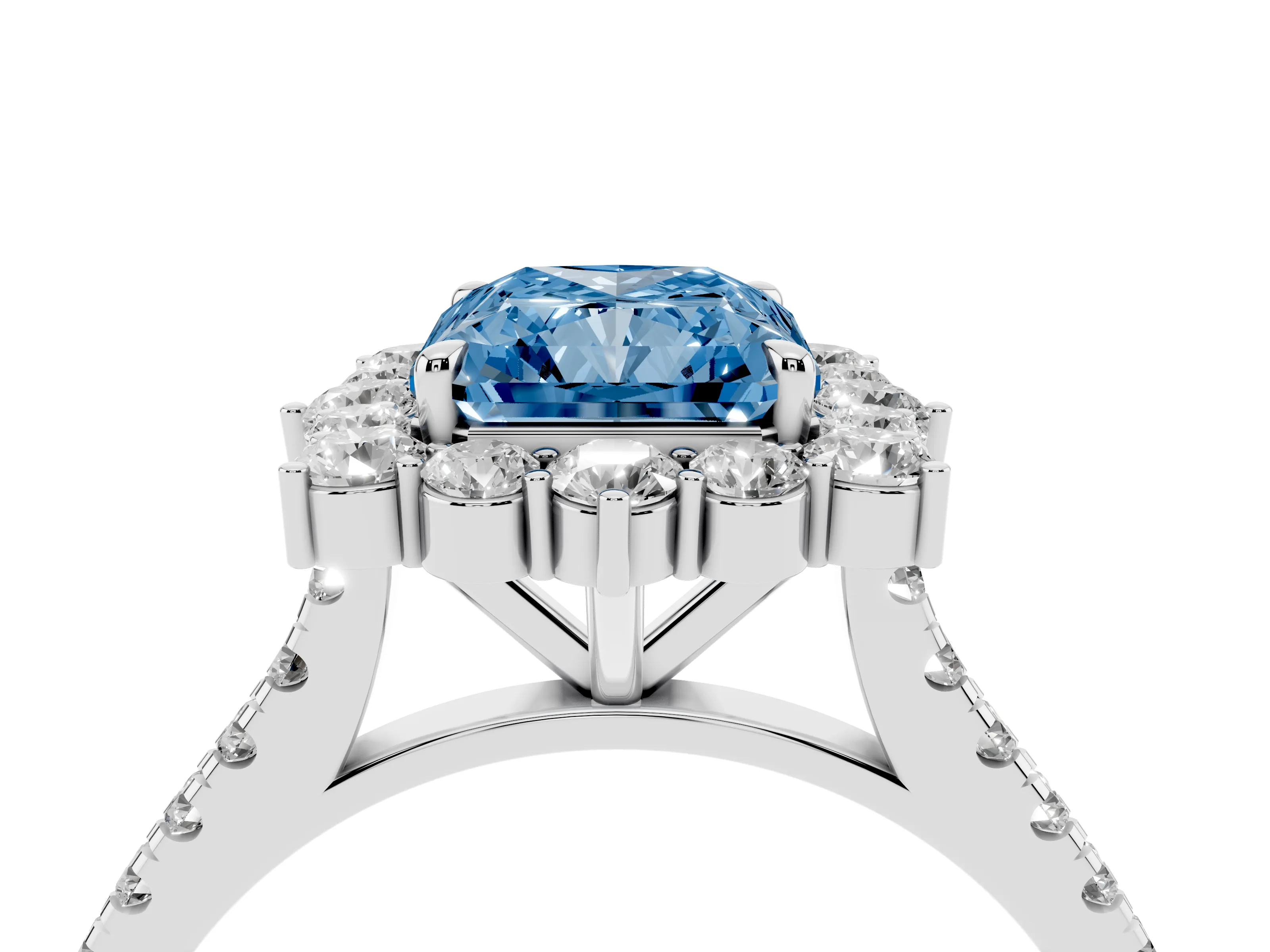 Fancy Blue Radiant Cut Diamond Halo Ring Set in Platinum with Pavé Band and Prong Setting