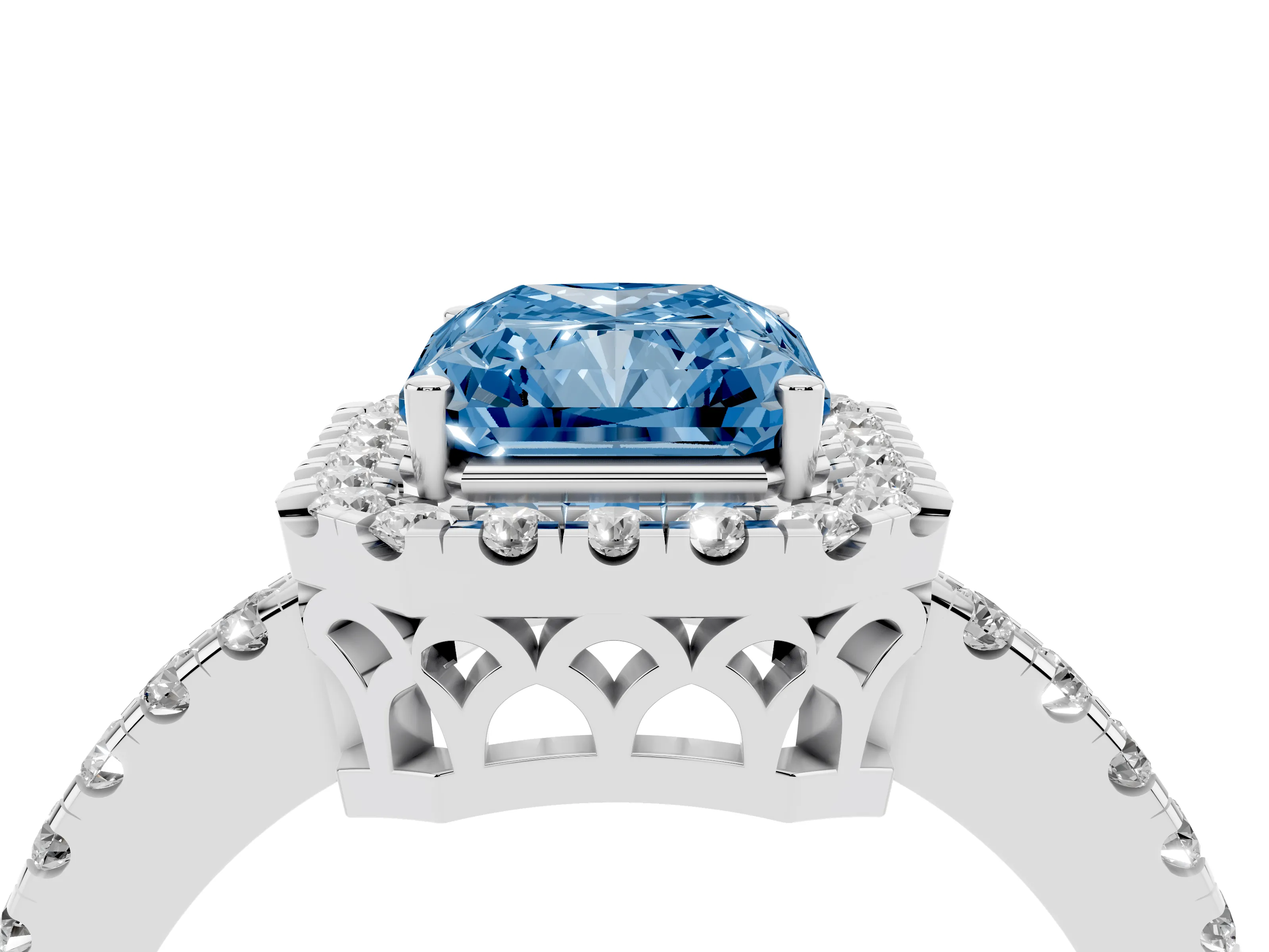 Fancy Blue Radiant Cut Diamond Pavé Band Halo Engagement Ring Set in Platinum with Prong Setting