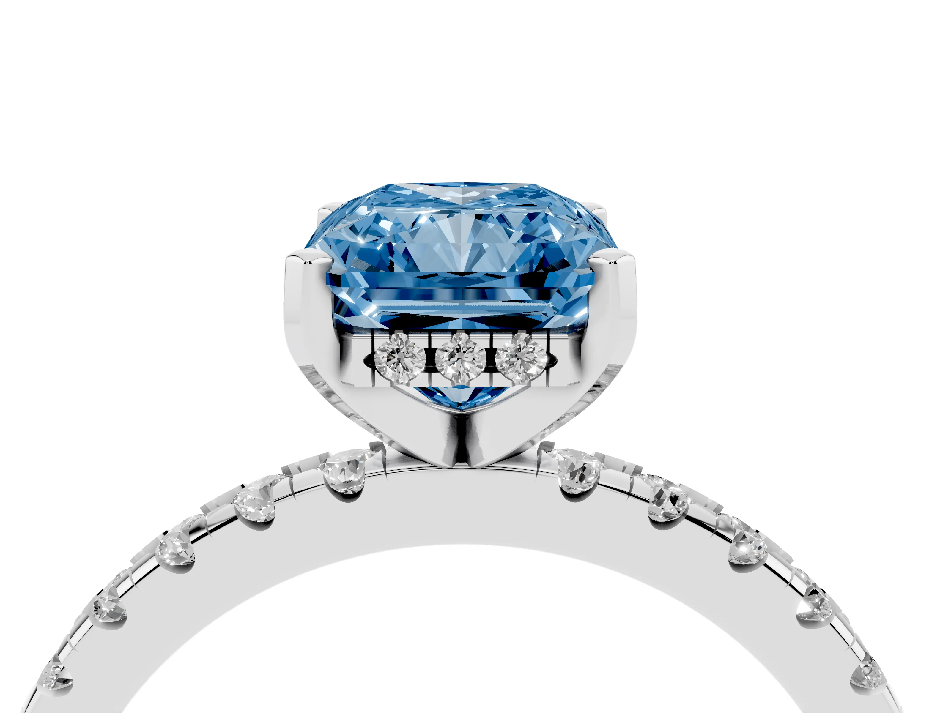 Fancy Blue Radiant Cut Diamond Pavé Solitaire Ring Set in Silver with Round Band Accents and Prong Setting