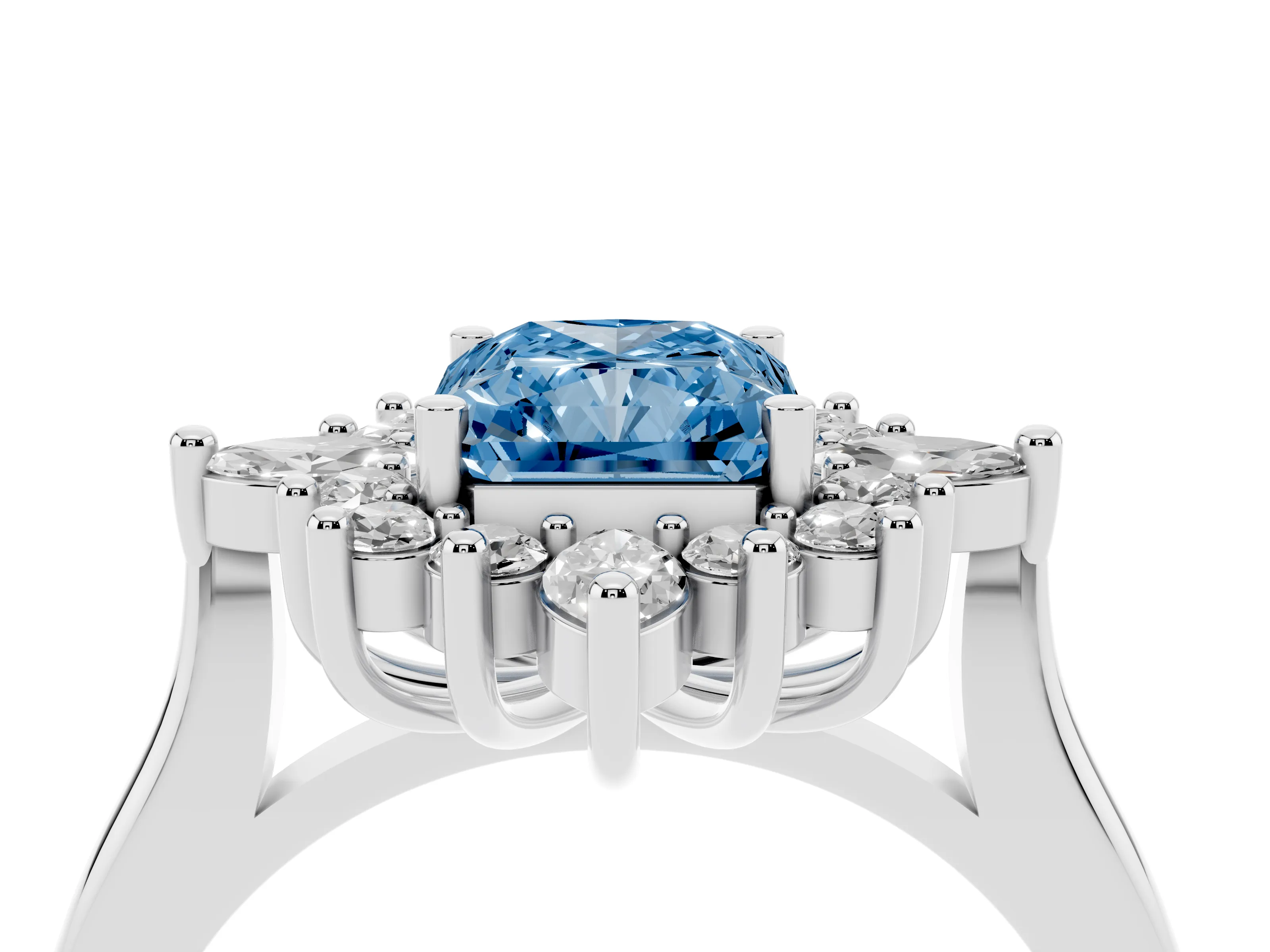 Fancy Blue Radiant Cut Diamond Cluster Halo Ring Set in Platinum with Marquise and Round Accents