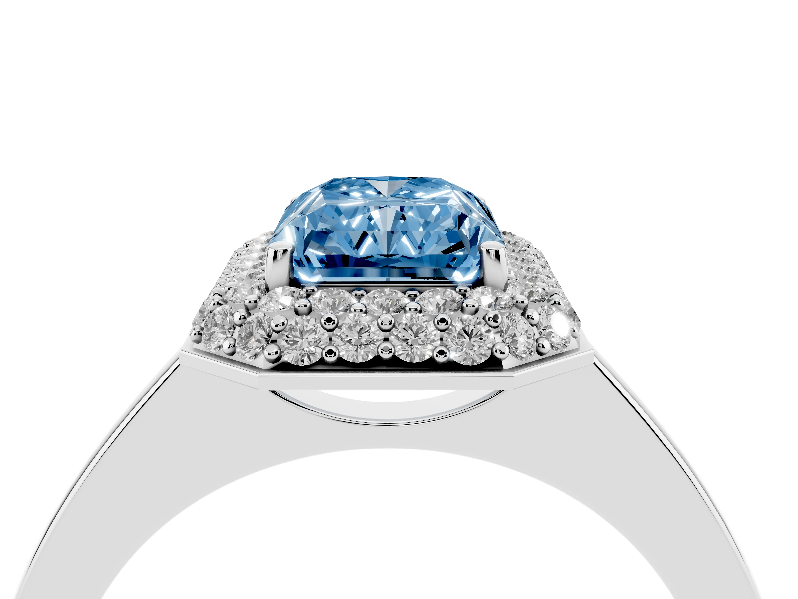 Fancy Blue Radiant Cut Diamond Halo Engagement Ring Set in Platinum with Solitaire Band and Prong Setting