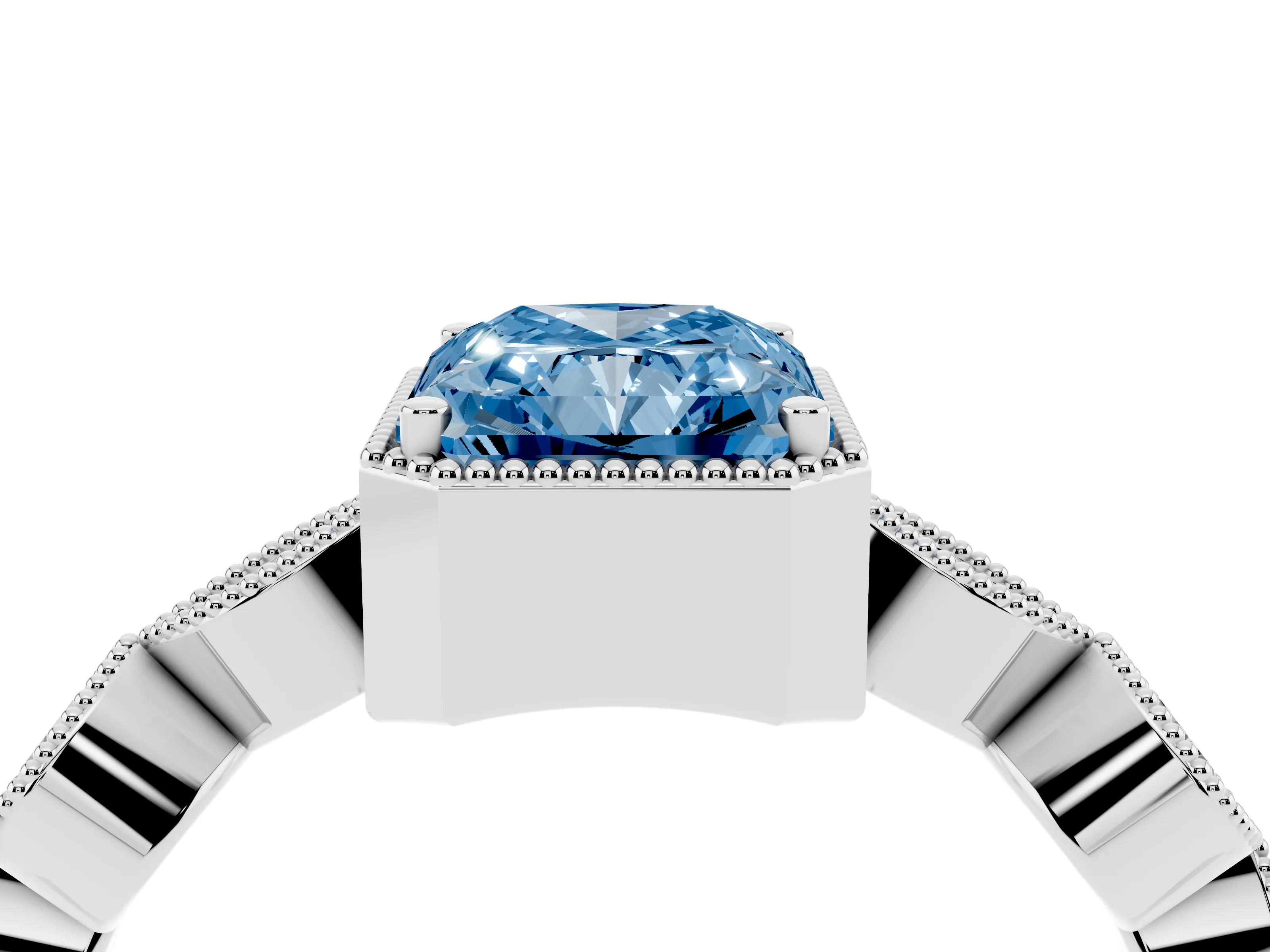 Fancy Blue Radiant Cut Diamond Vintage-Inspired Milgrain Ring Set in Platinum with Marquise Stations of Round Accents