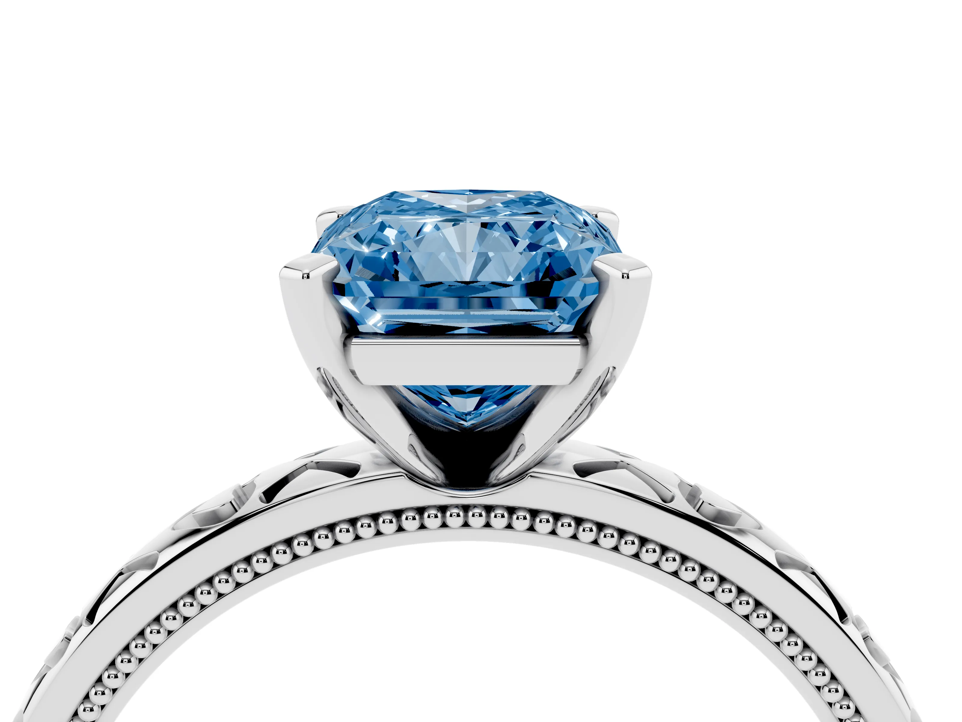 Fancy Blue Radiant Cut Diamond Solitaire Engagement Ring Set in Platinum with XO Engraved Band and Prong Setting