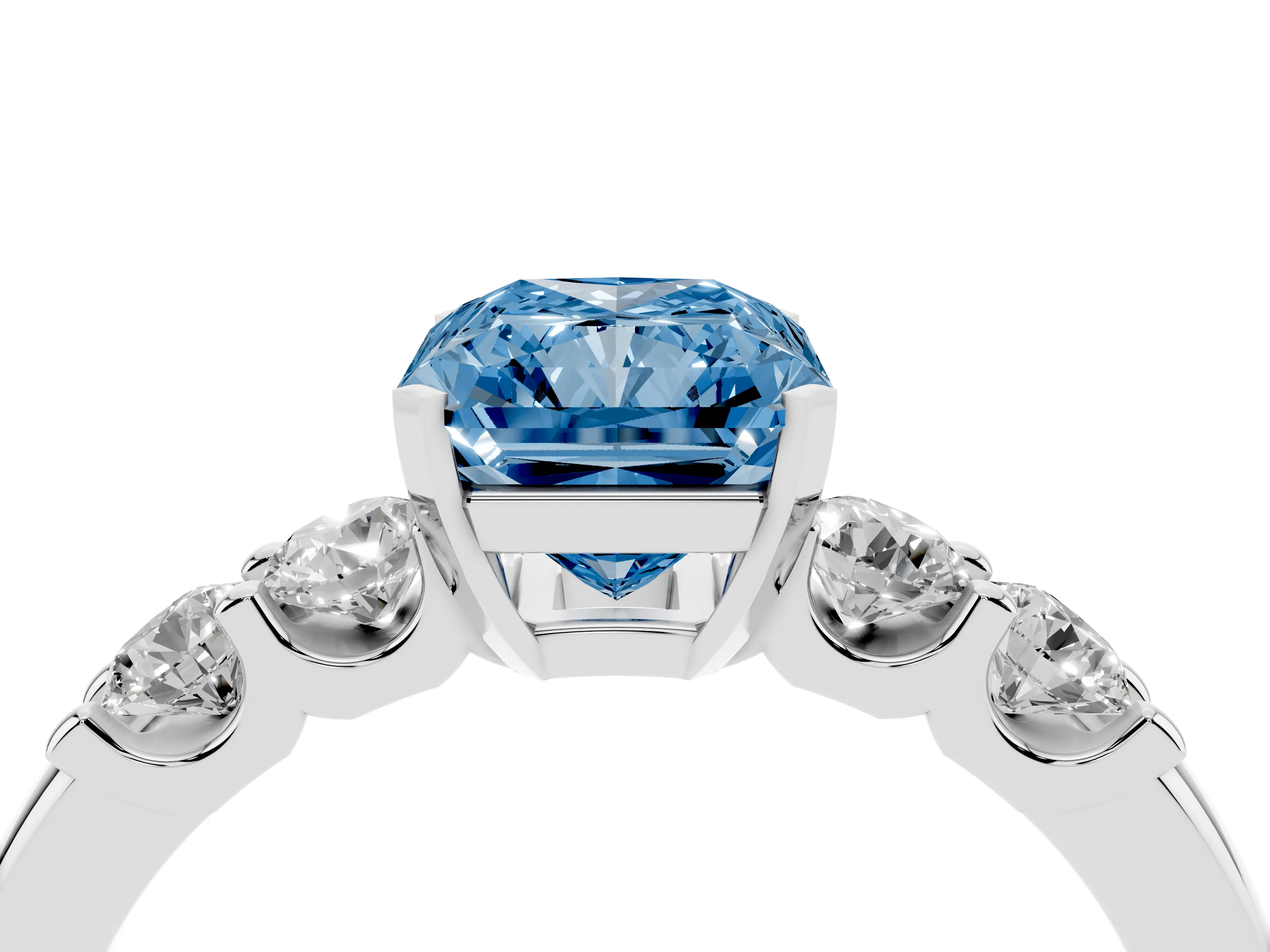 Fancy Blue Radiant Cut Diamond Five-Stone Prong Set Engagement Ring Set in Platinum with Channel Band