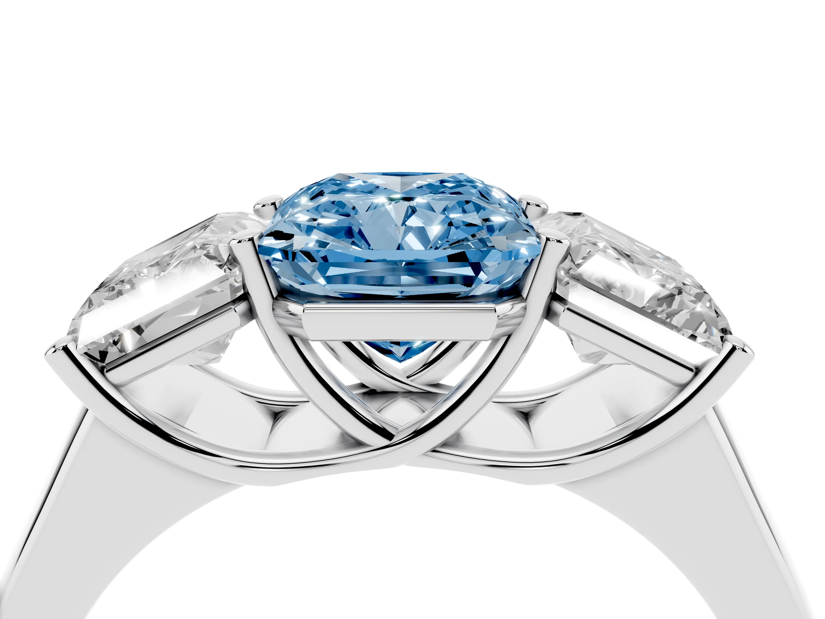 Fancy Blue Radiant Cut Diamond Three-Stone Ring Set in White gold with Plain Polished Band