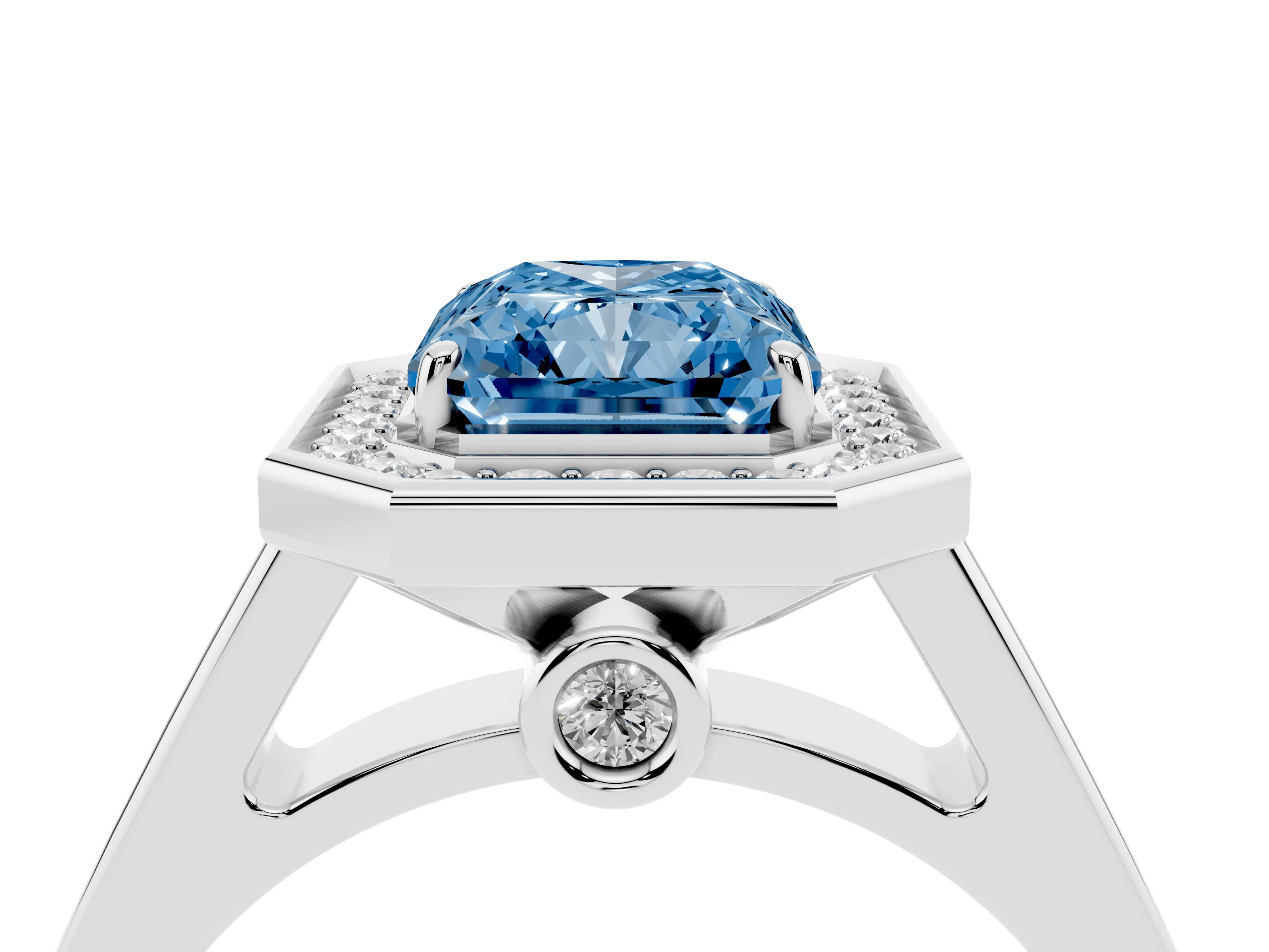 Fancy Blue Radiant Cut Diamond Halo Solitaire Ring Set in White gold with Pavé Band and Bezel Setting