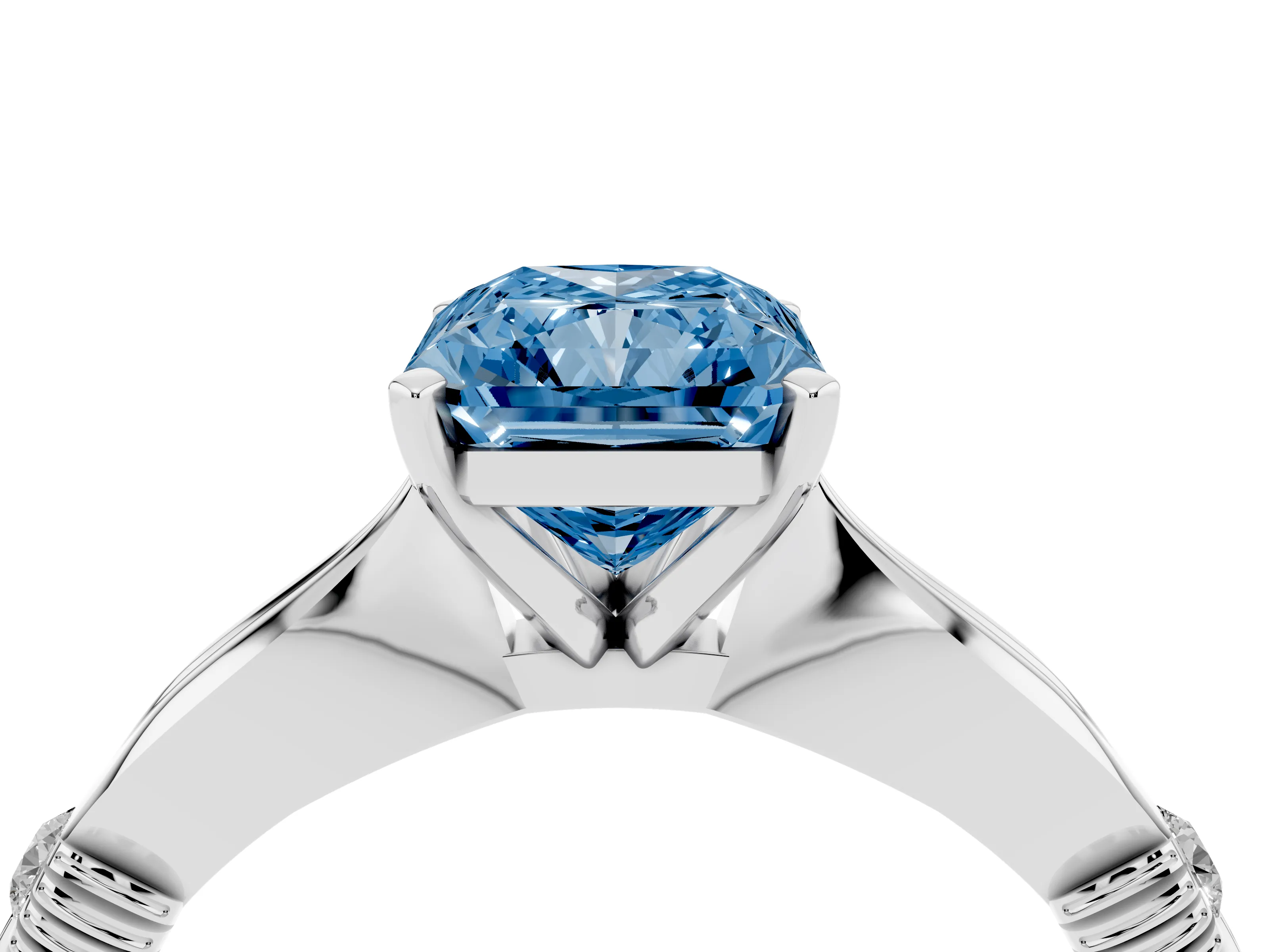 Fancy Blue Radiant Cut Diamond Solitaire Twisted Band Ring Set in Platinum with Accent Stones and Prong Setting