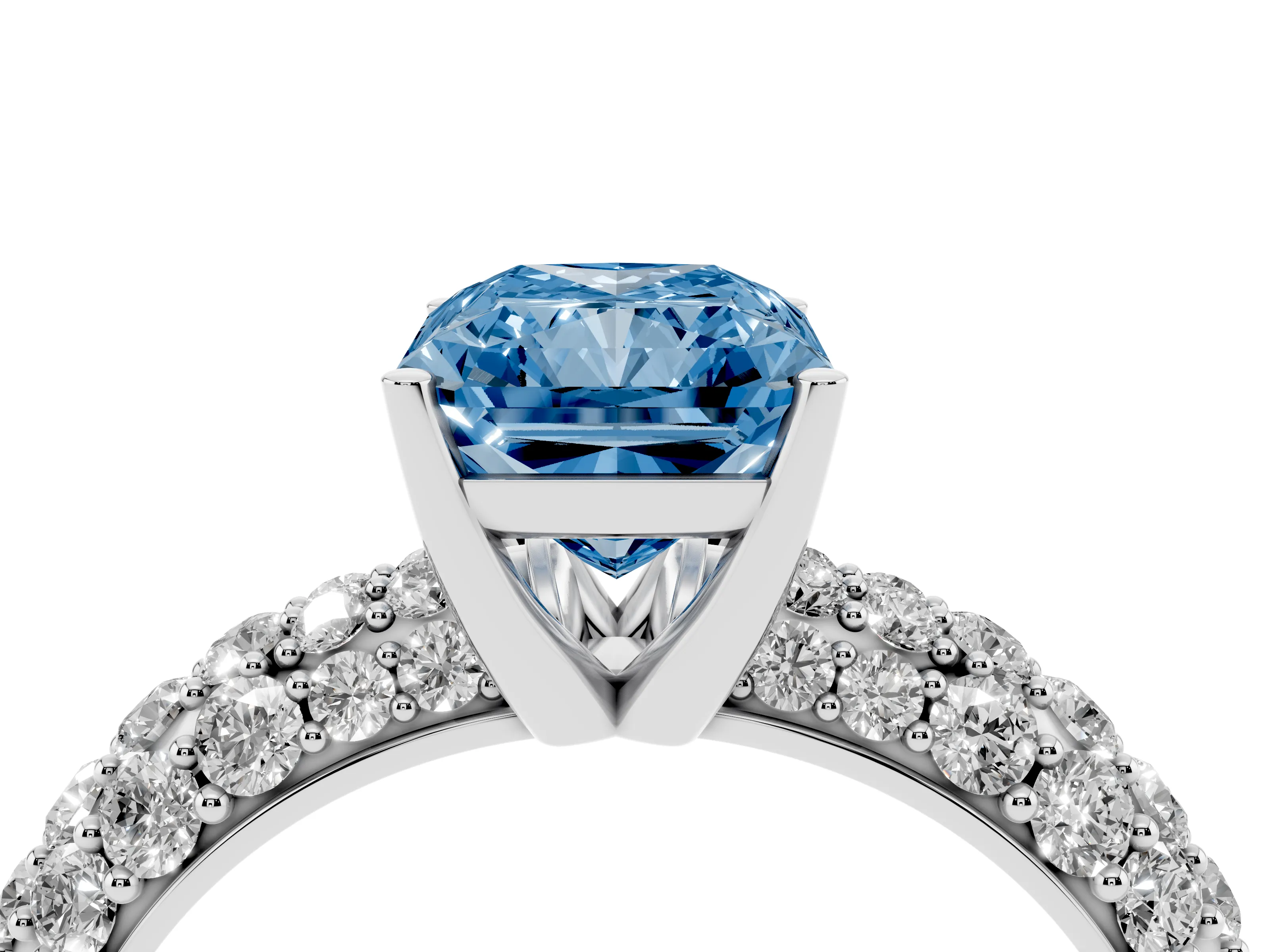 Fancy Blue Radiant Cut Diamond Pavé Band Solitaire Ring Set in Platinum with Close-Set Accent Stones and Prong Setting