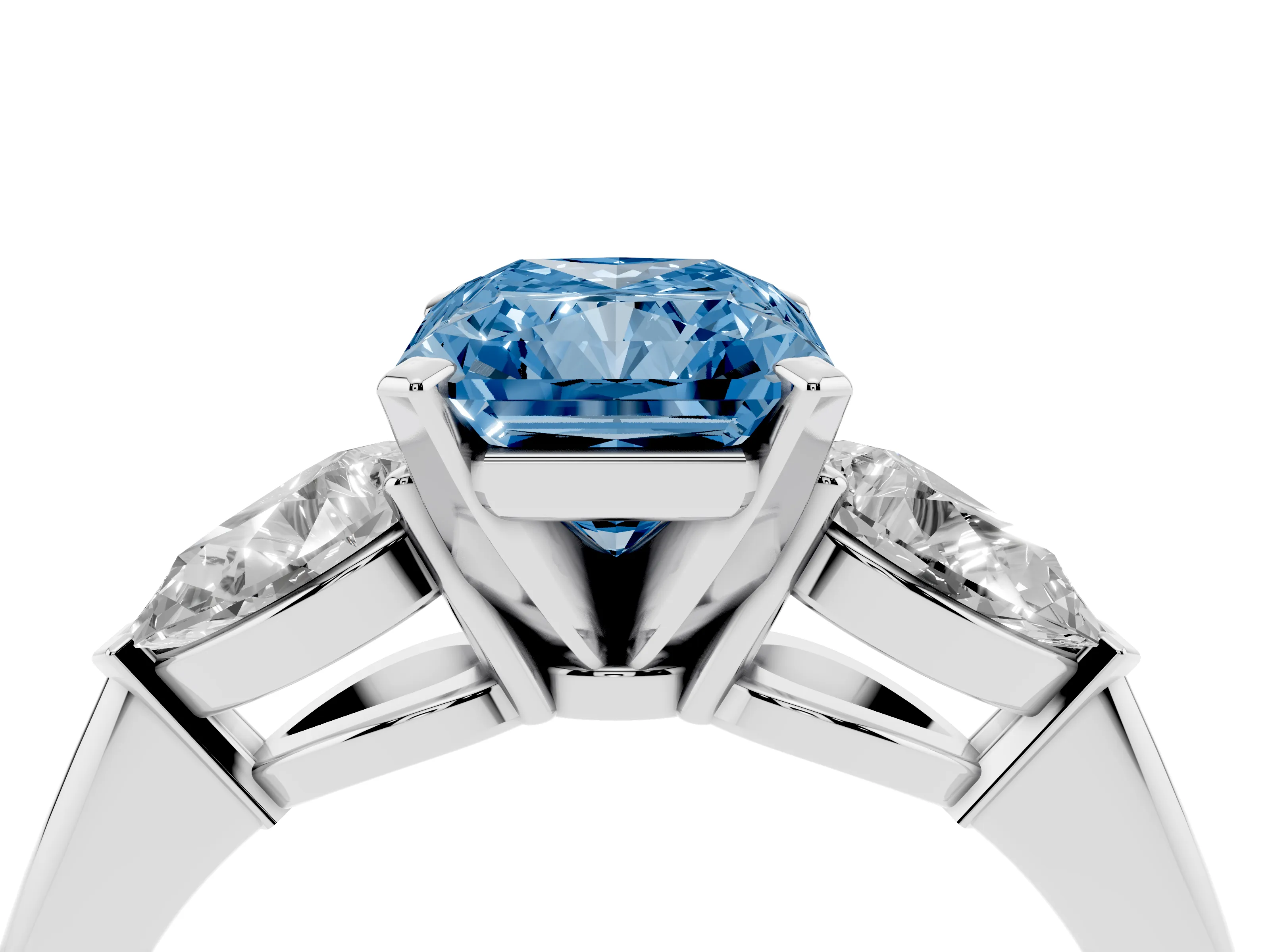 Fancy Blue Three-Stone Radiant Cut Diamond Ring Set in Platinum with Pear Side Stones and Prong Setting
