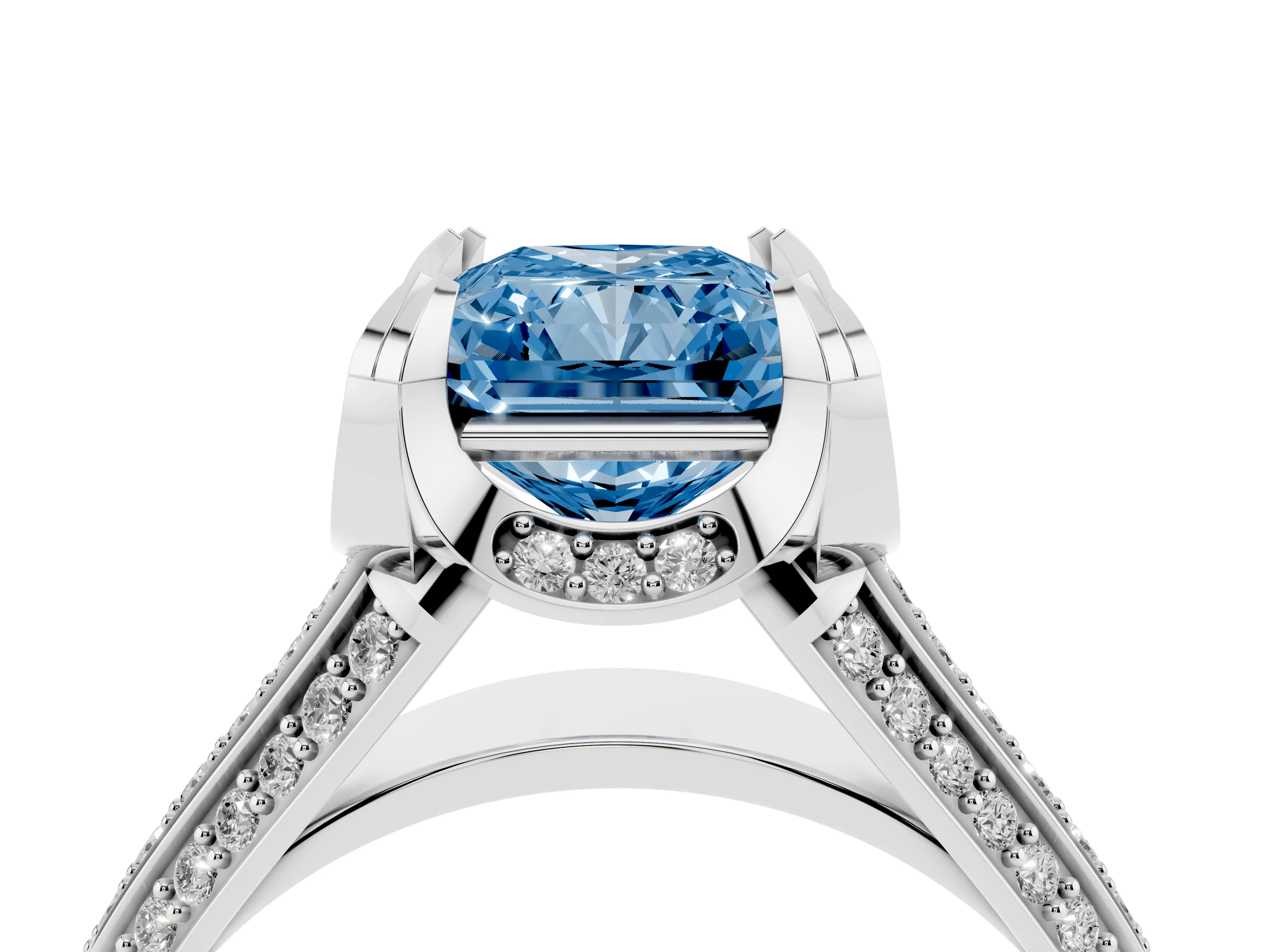 Fancy Blue Radiant Cut Diamond Pavé Split Shank Solitaire Ring Set in Silver with Prong Setting
