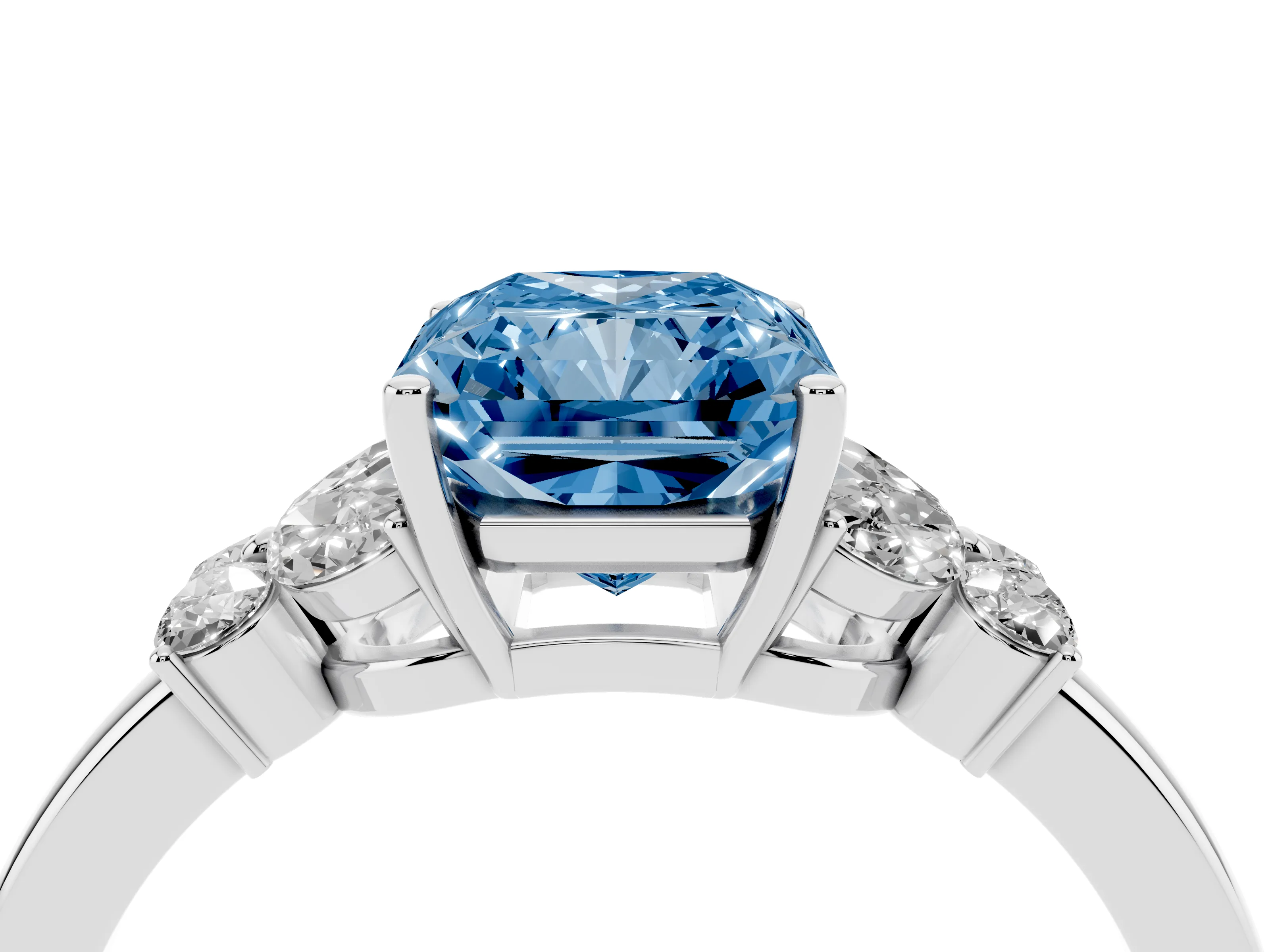 Fancy Blue Radiant Cut Diamond Solitaire Floral Ring Set in White gold with Marquise Petals and Prong Setting