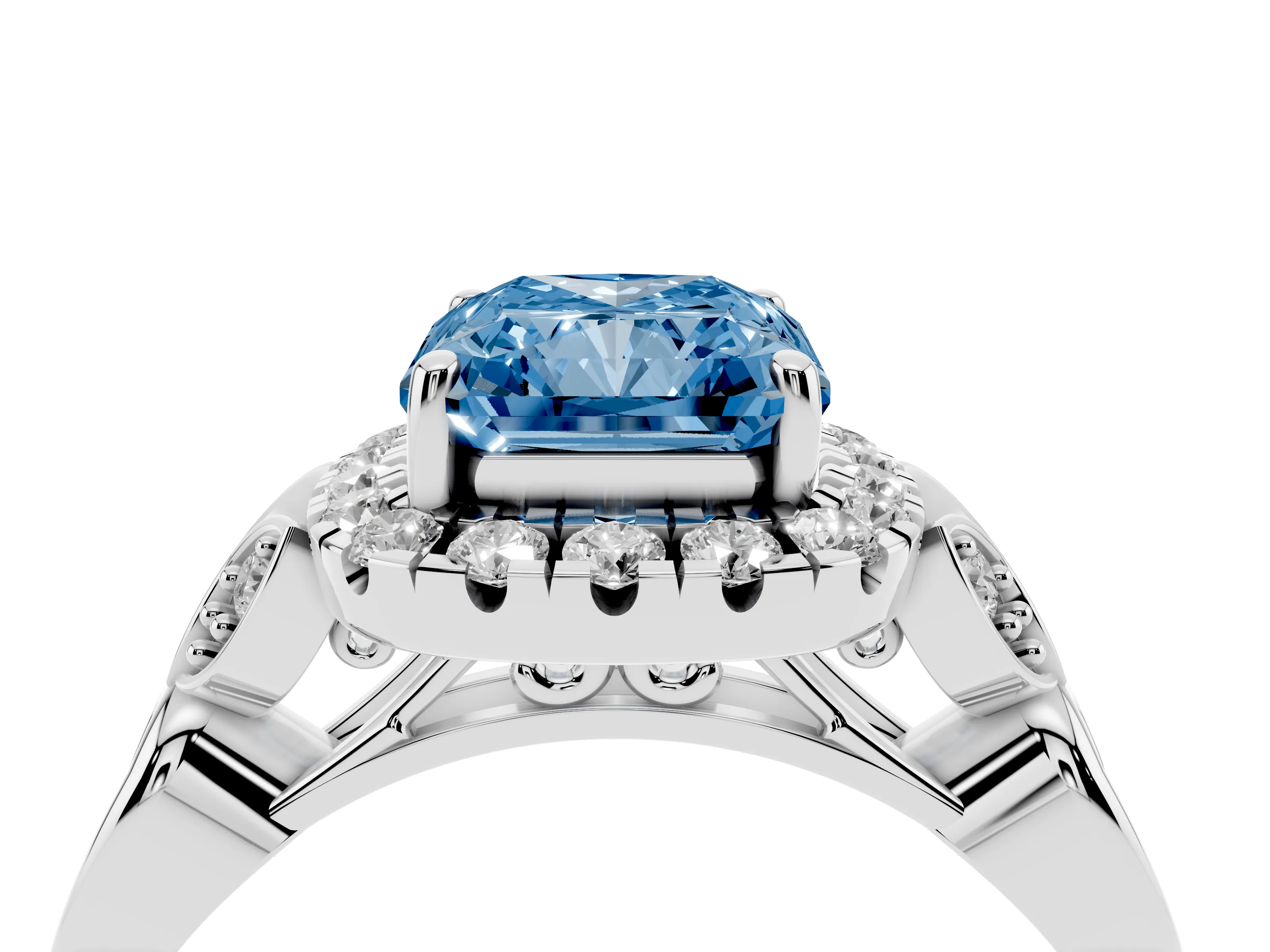 Fancy Blue Radiant Cut Diamond Halo Engagement Ring Set in Platinum with Vintage-Inspired Band and Prong Setting