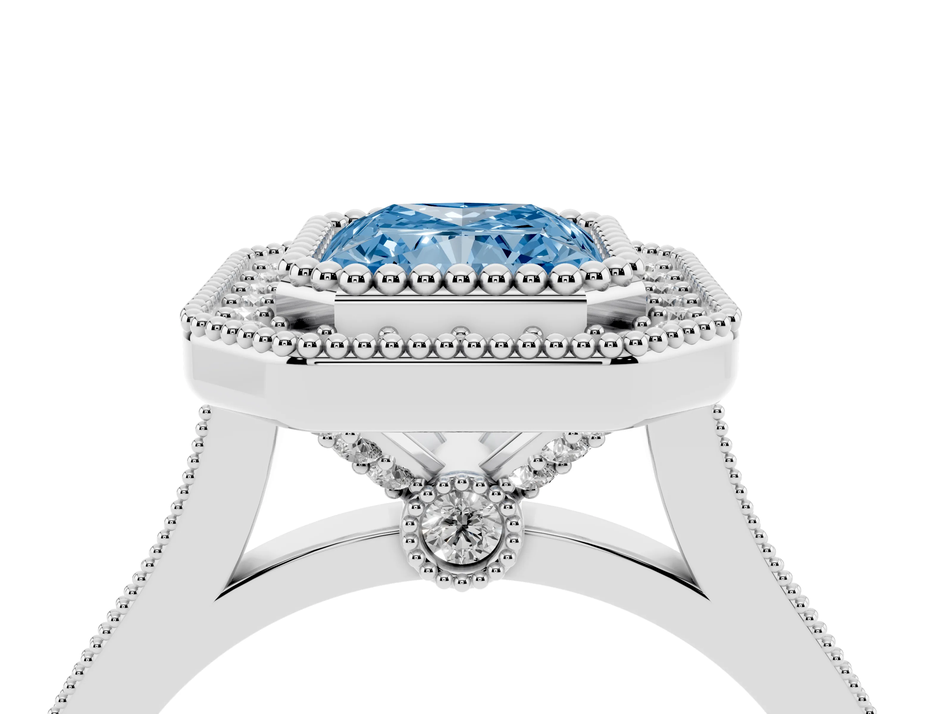 Fancy Blue Radiant Cut Diamond Halo Ring Set in White gold with Milgrain Frame and Pavé Band