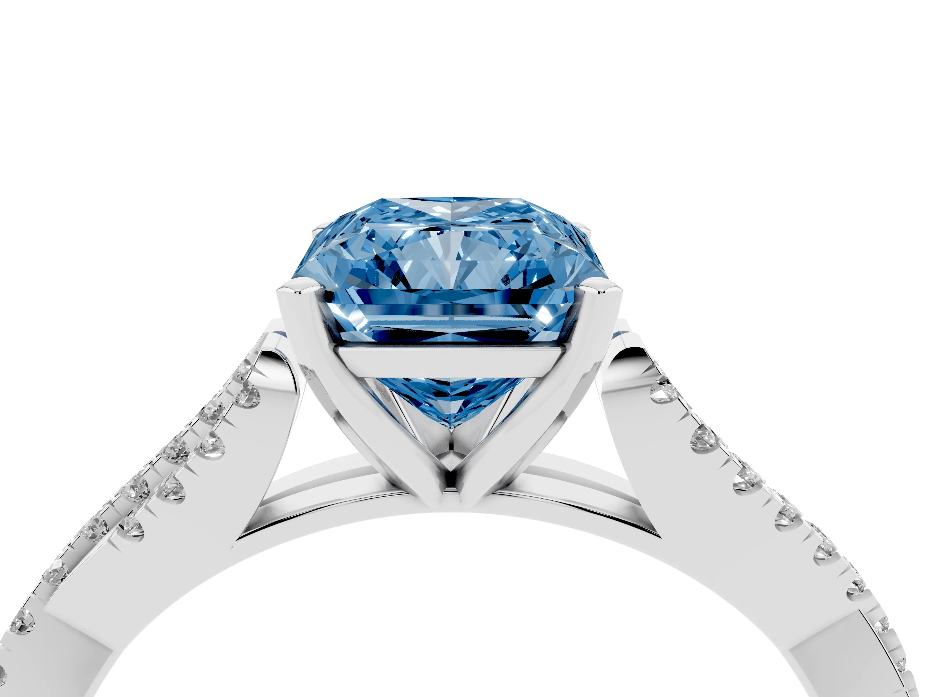 Fancy Blue Radiant Cut Diamond Solitaire Engagement Ring Set in Platinum with Twisted Pavé Band and Prong Setting