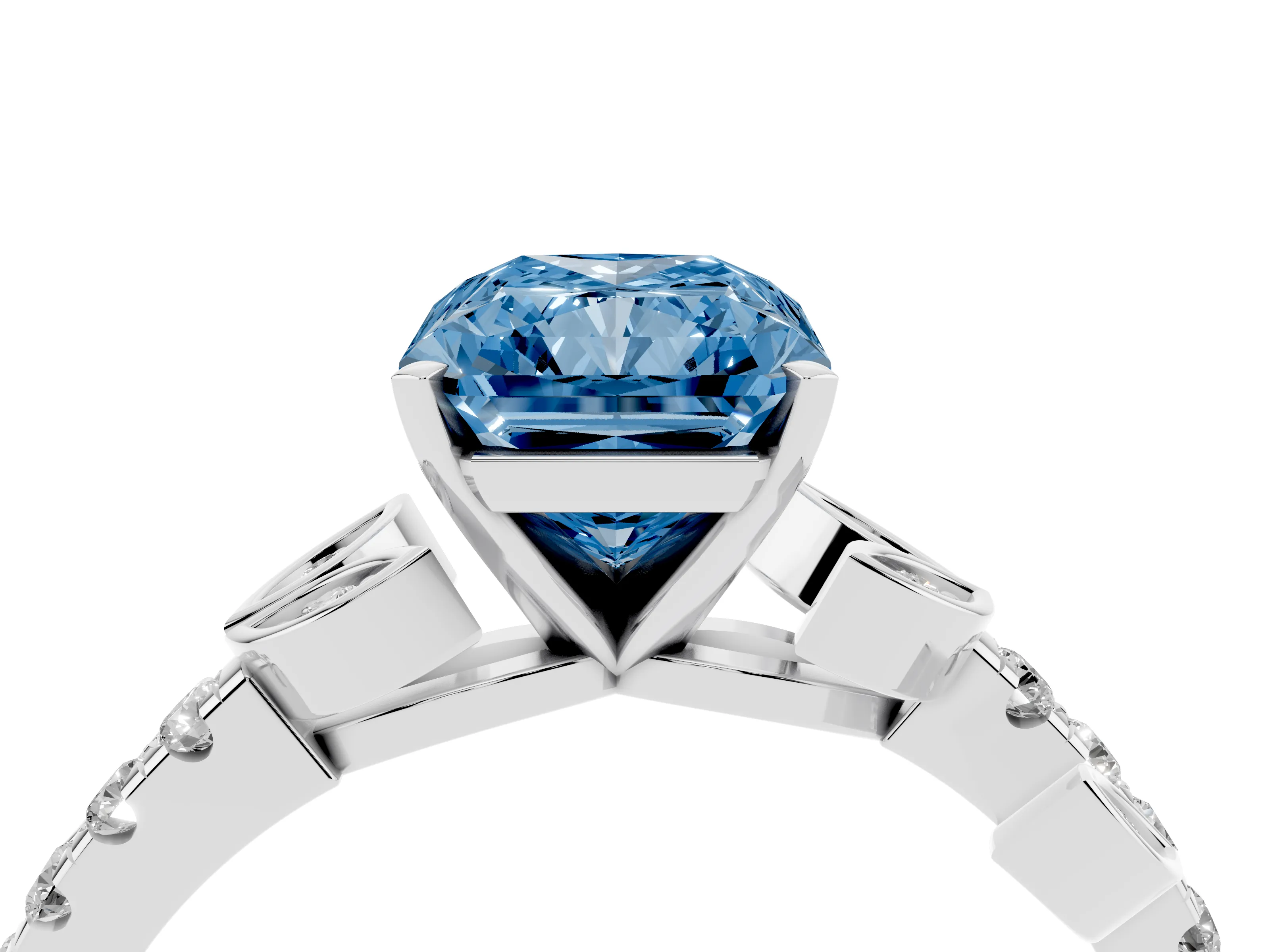 Fancy Blue Radiant Cut Diamond Solitaire Leaf-Inspired Ring Set in Silver with Pavé Band and Prong Setting