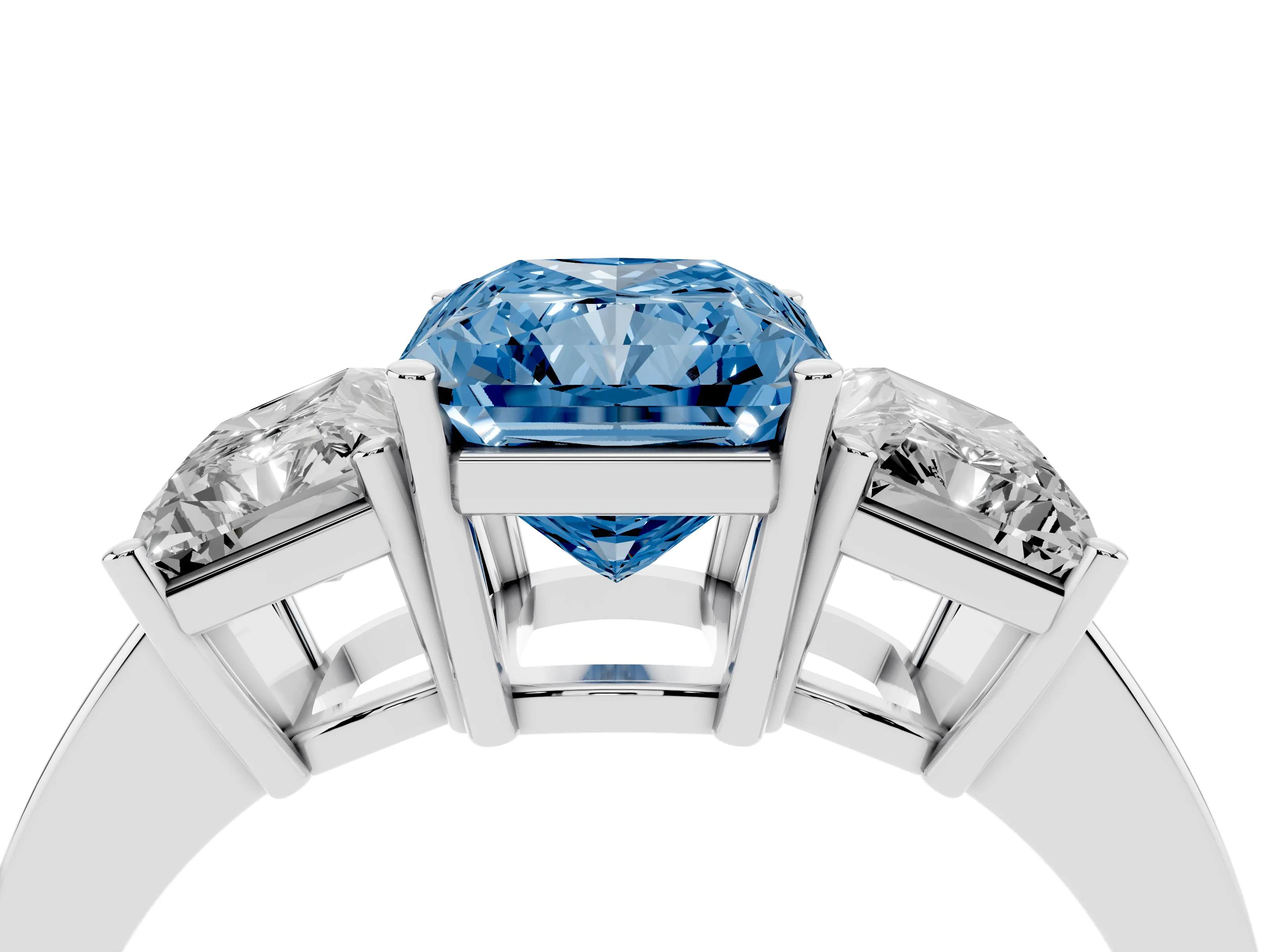 Fancy Blue Radiant Cut Diamond Three-Stone Engagement Ring Set in White gold with Flat Band
