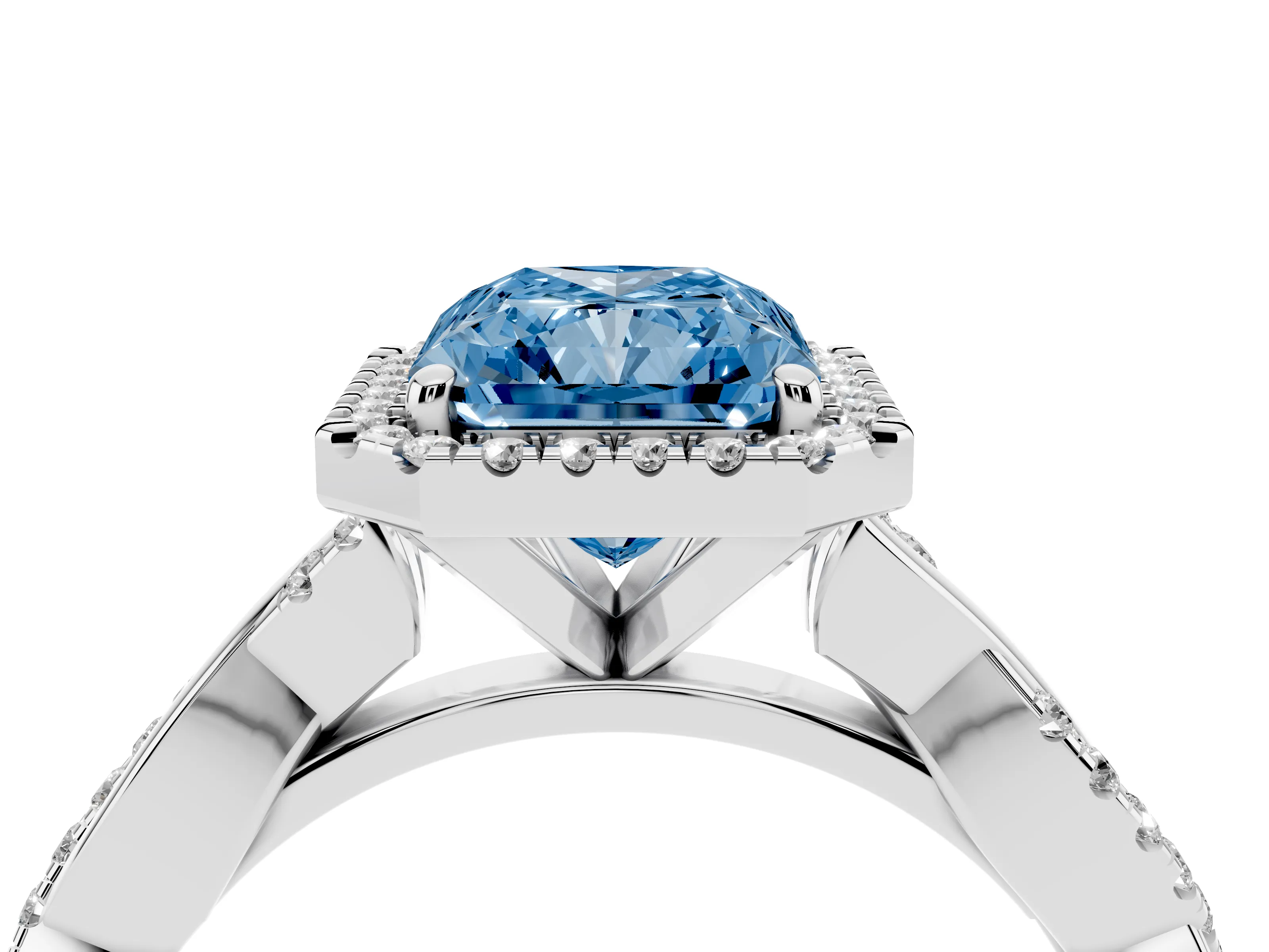 Fancy Blue Radiant Cut Diamond Halo Twisted Band Ring Set in Platinum with Prong Setting