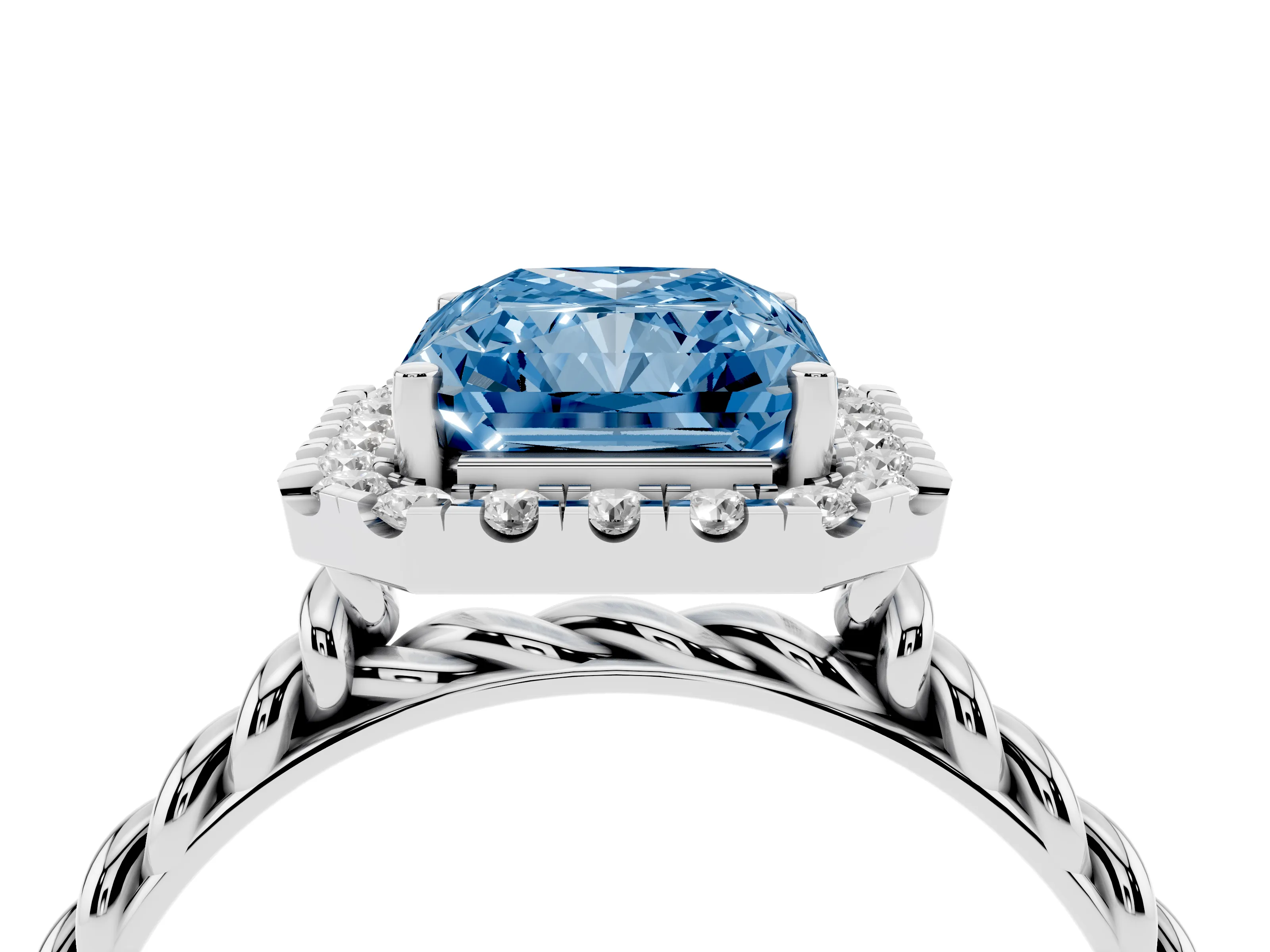 Fancy Blue Radiant Cut Diamond Halo Ring Set in Silver with Plain Twisted Band