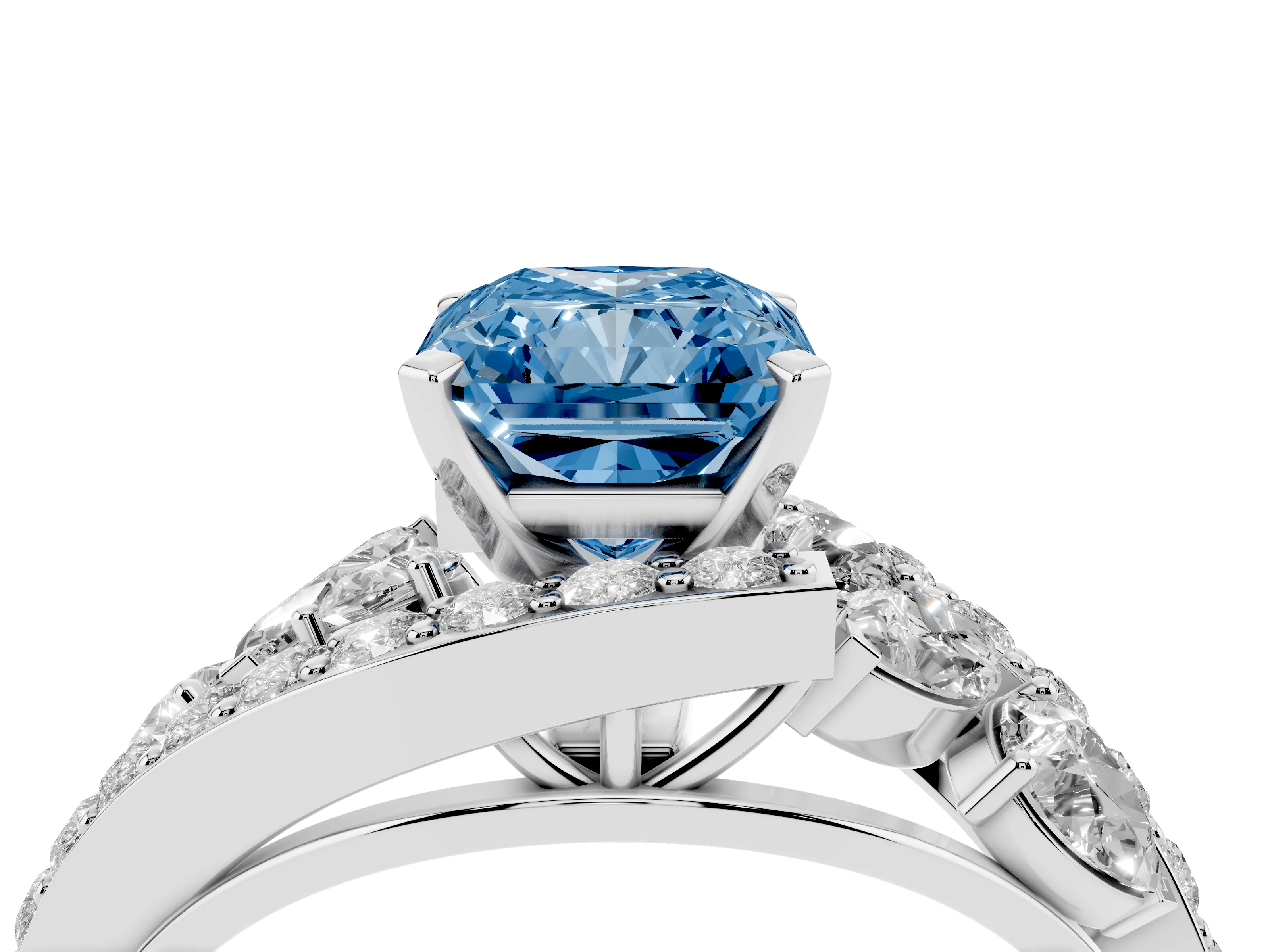 Fancy Blue Radiant Cut Diamond Halo Ring Set in White gold with Marquise and Pavé Band in Prong Setting