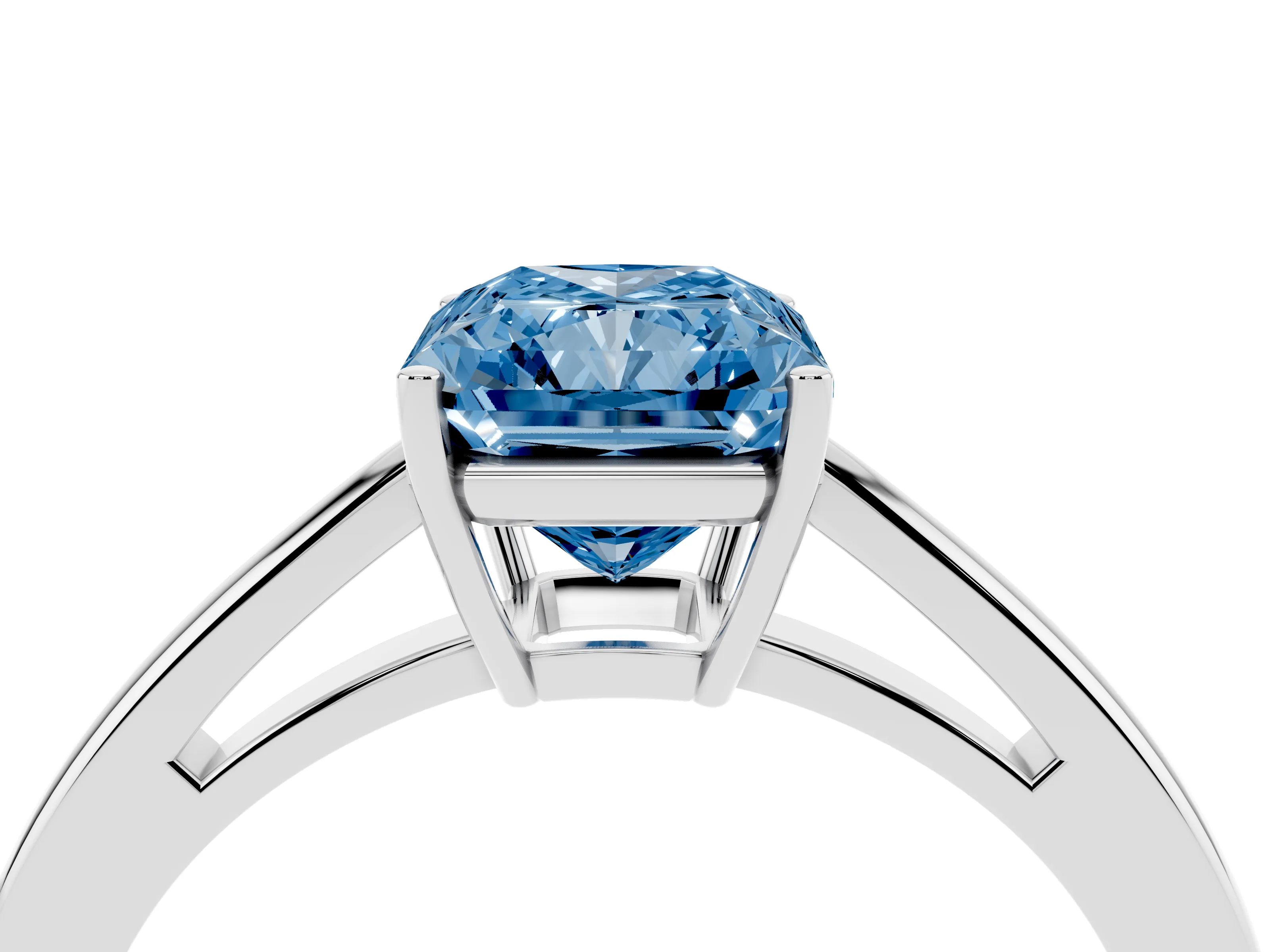 Fancy Blue Radiant Cut Diamond Solitaire Ring Set in Silver with Split Shank and Prong Setting