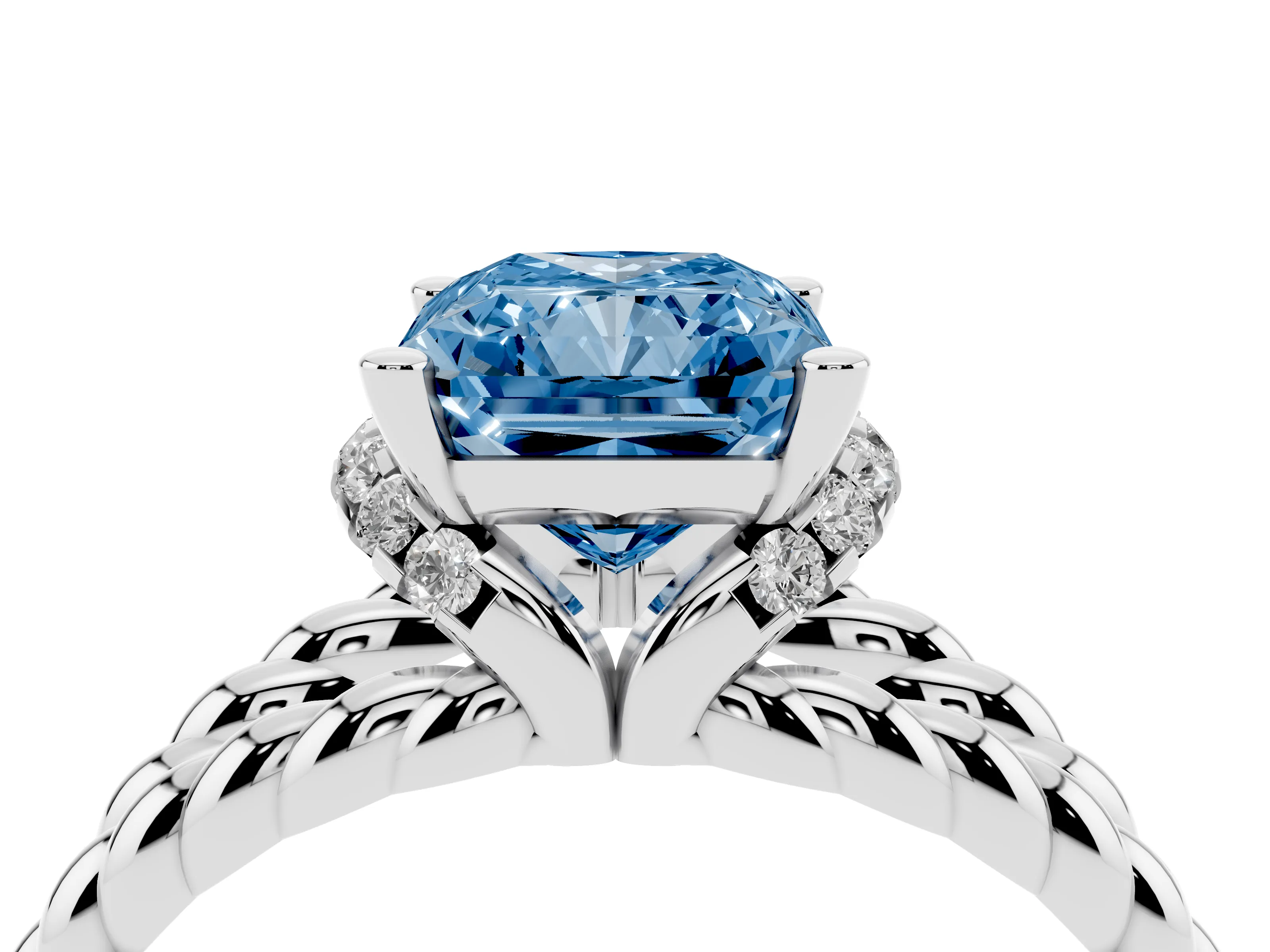 Fancy Blue Radiant Cut Diamond Halo Ring Set in White gold with Twisted Band and Prong Setting