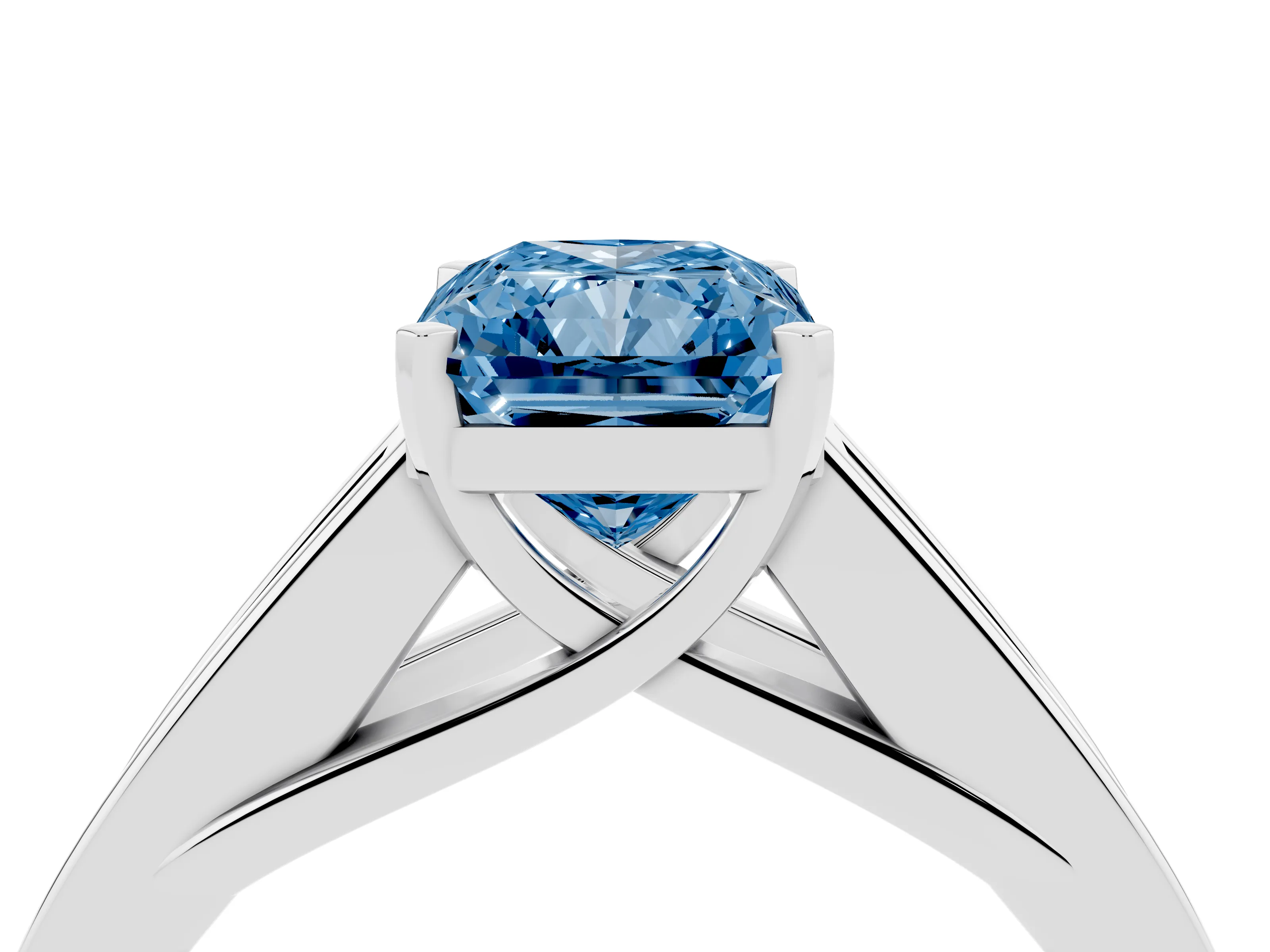 Fancy Blue Radiant Cut Diamond Solitaire Ring Set in Silver with Channel-Set Accent Stones and Prong Setting