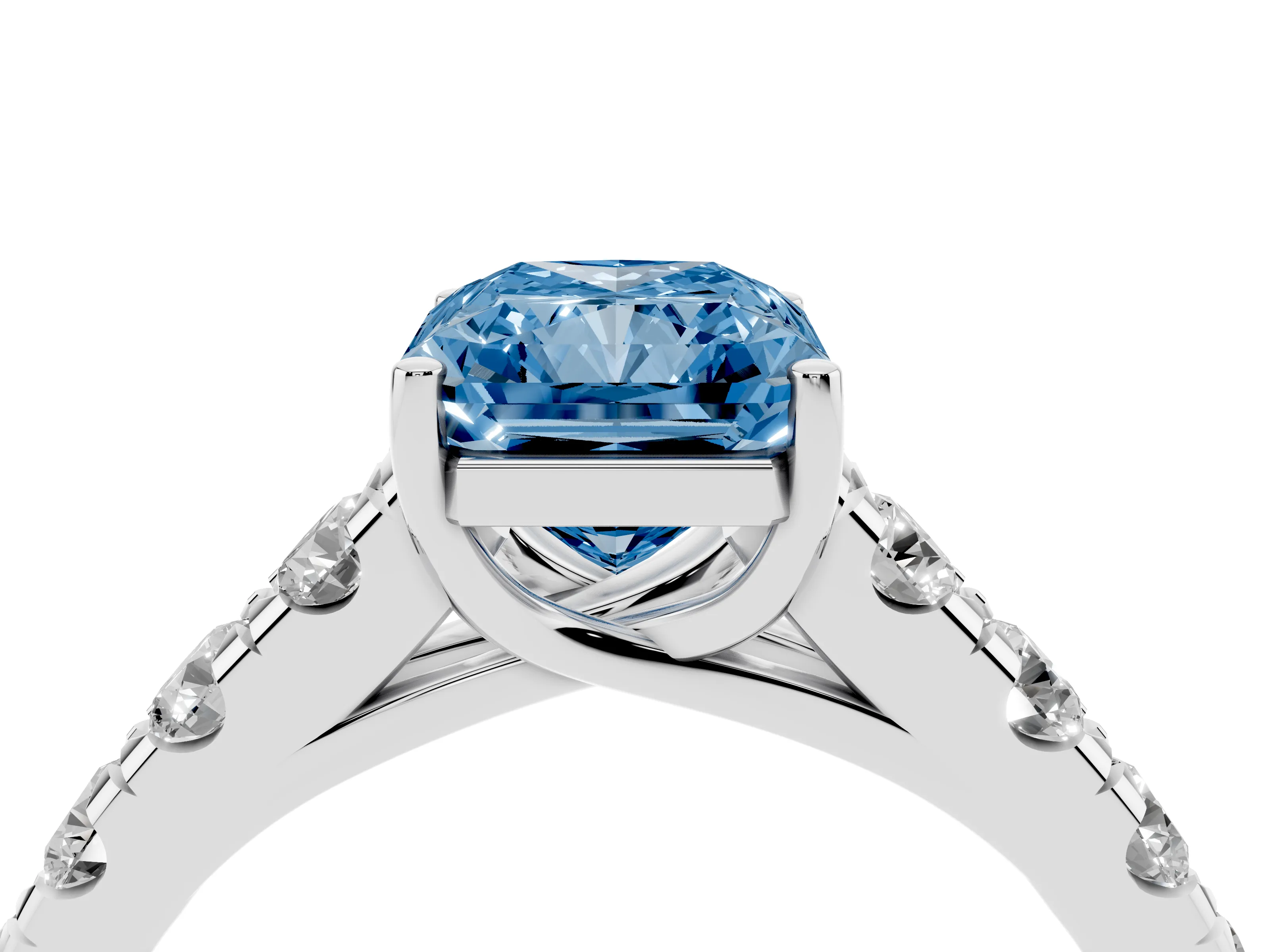 Fancy Blue Radiant Cut Diamond Solitaire Ring Set in Platinum with Cut-Down Micro Pavé Band and Prong Setting