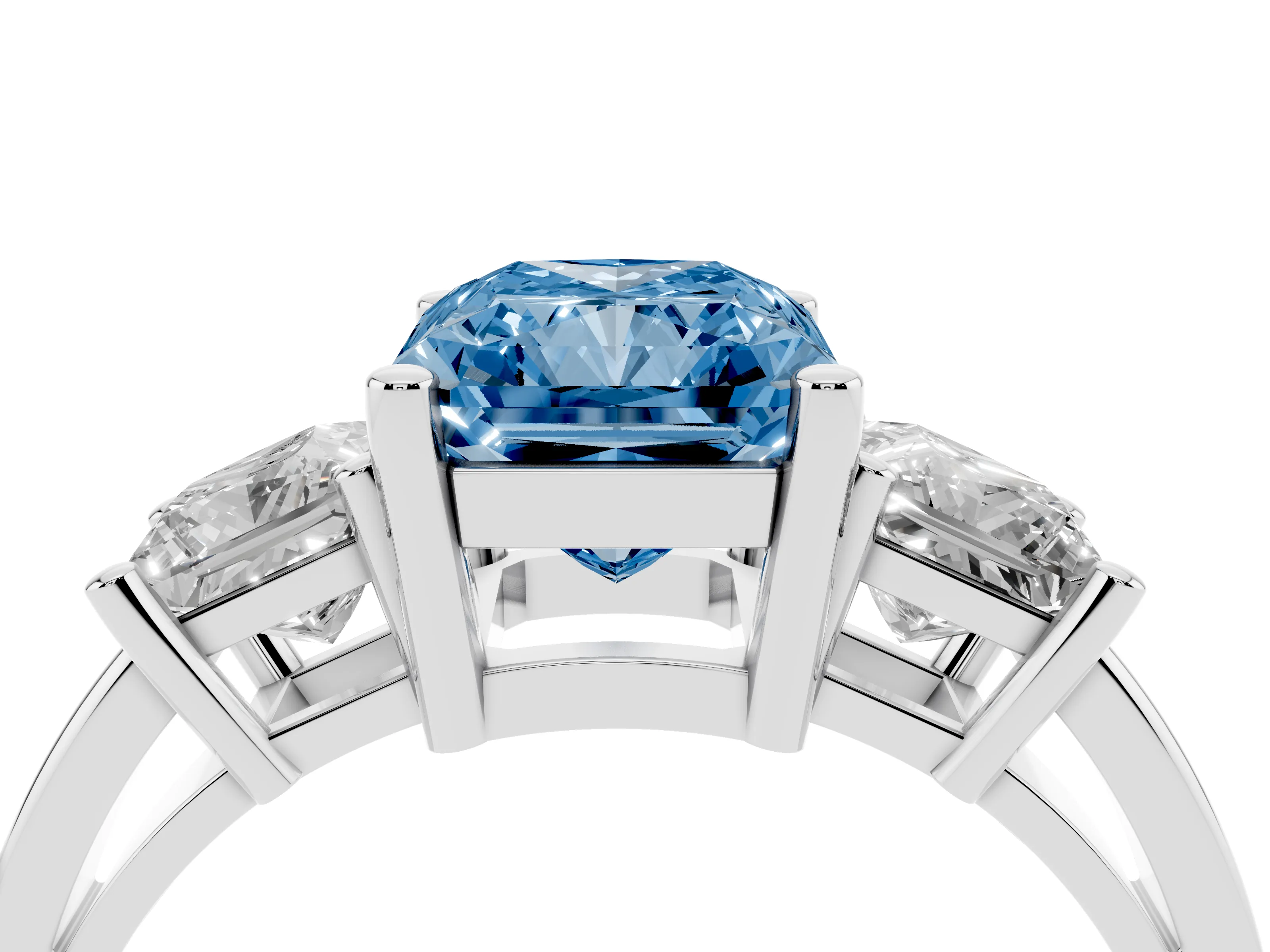 Fancy Blue Three-Stone Radiant Cut Diamond Solitaire Ring Set in Platinum with Prong Setting