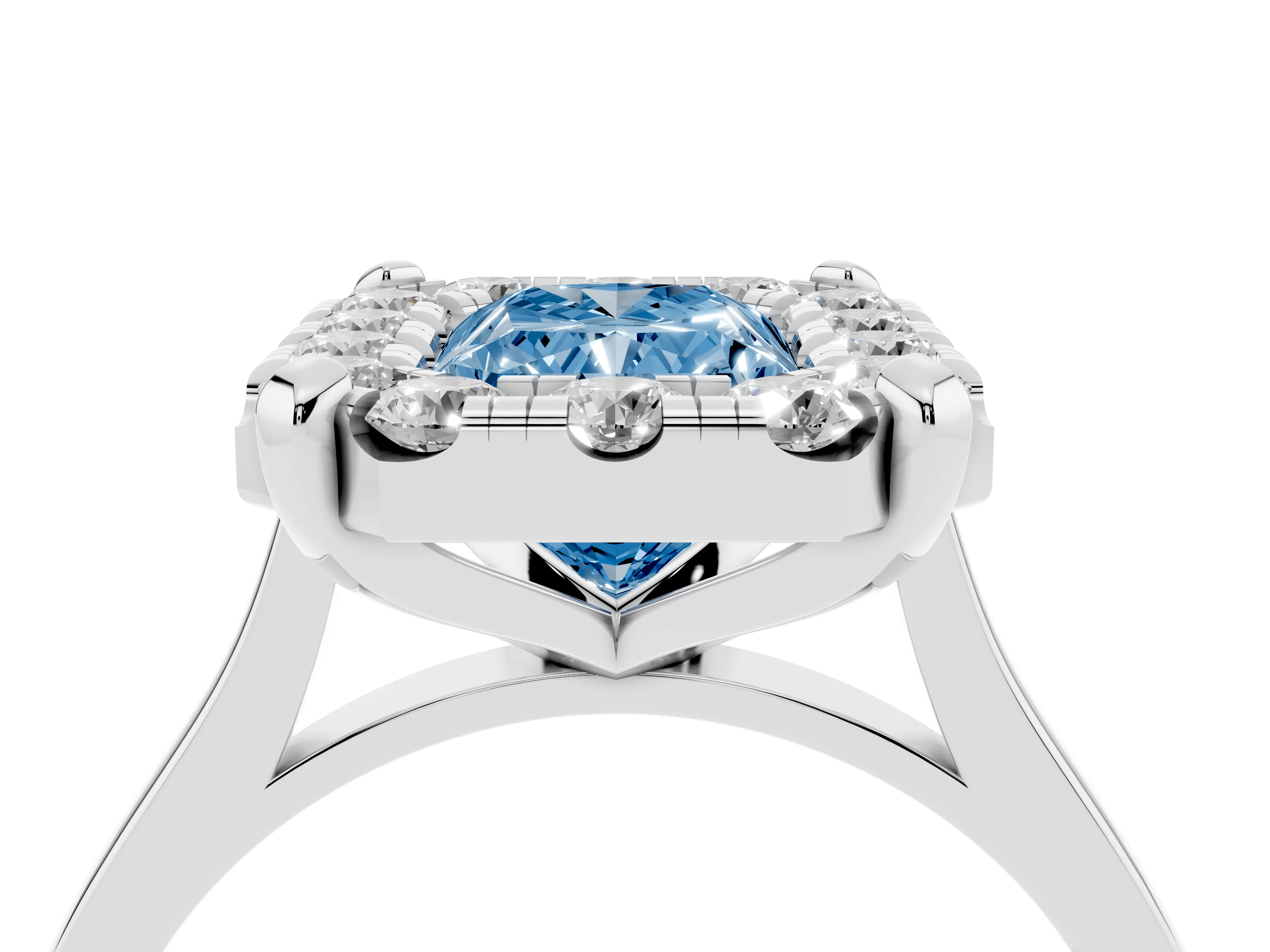 Fancy Blue Radiant Cut Diamond Cluster Halo Solitaire Ring Set in White gold with Prong Setting