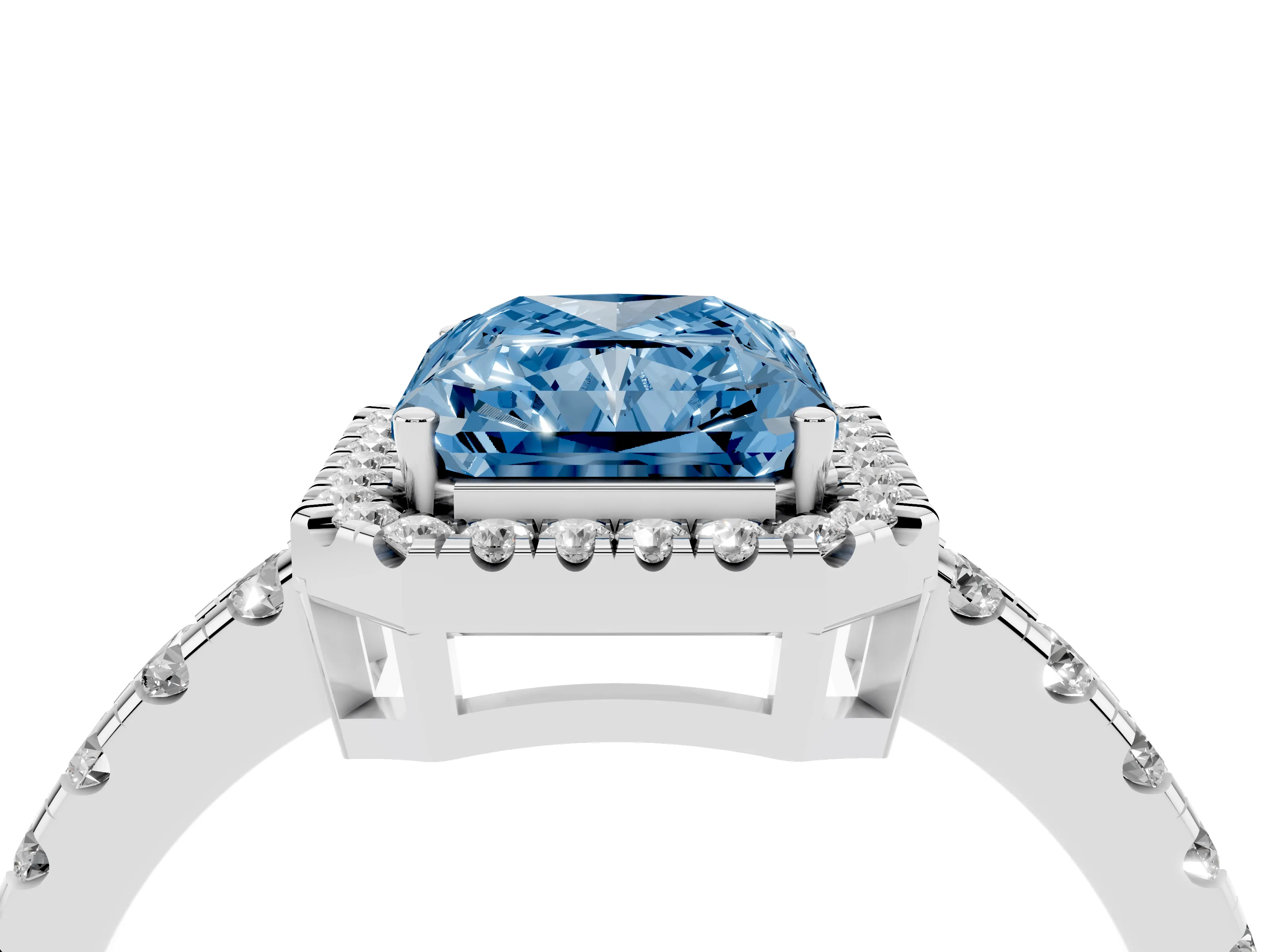 Fancy Blue Radiant Cut Diamond Halo Ring Set in Silver with Delicate Pavé Band and Prong Setting