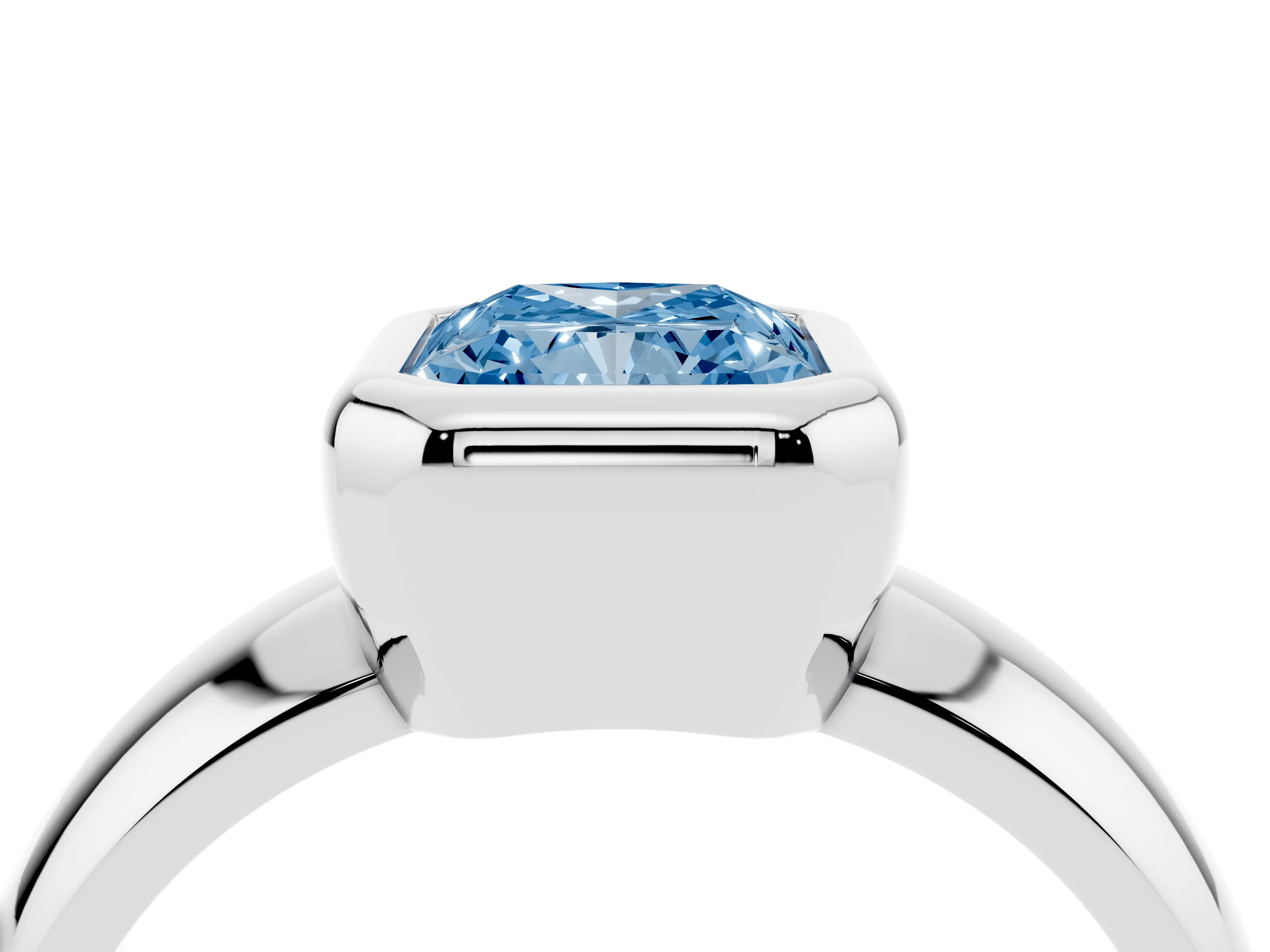 Fancy Blue Bezel Set Radiant Cut Diamond Solitaire Ring Set in Silver with Wide Band