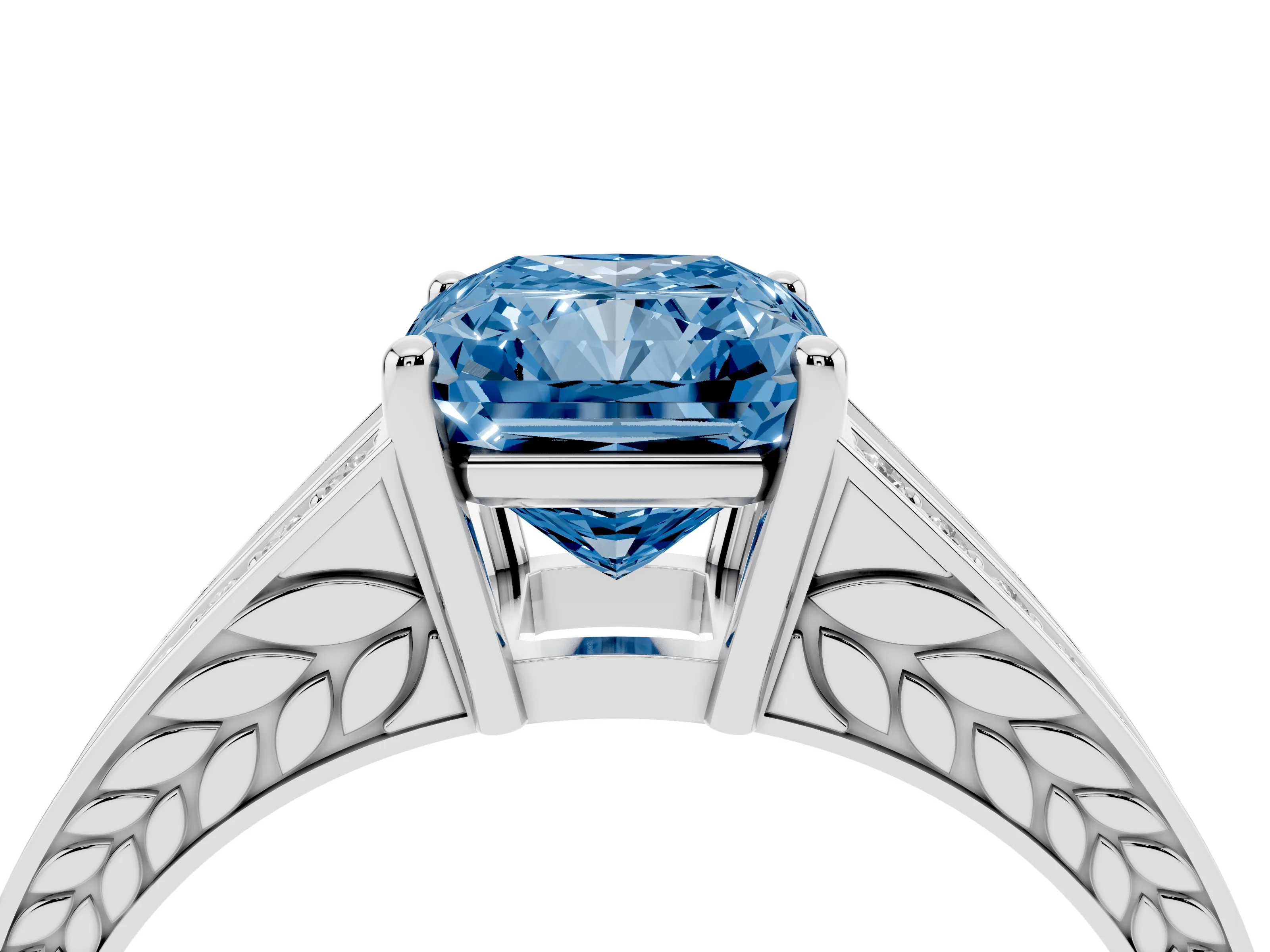 Fancy Blue Radiant Cut Diamond Split Shank Ring Set in Silver with Pavé Band and Prong Setting