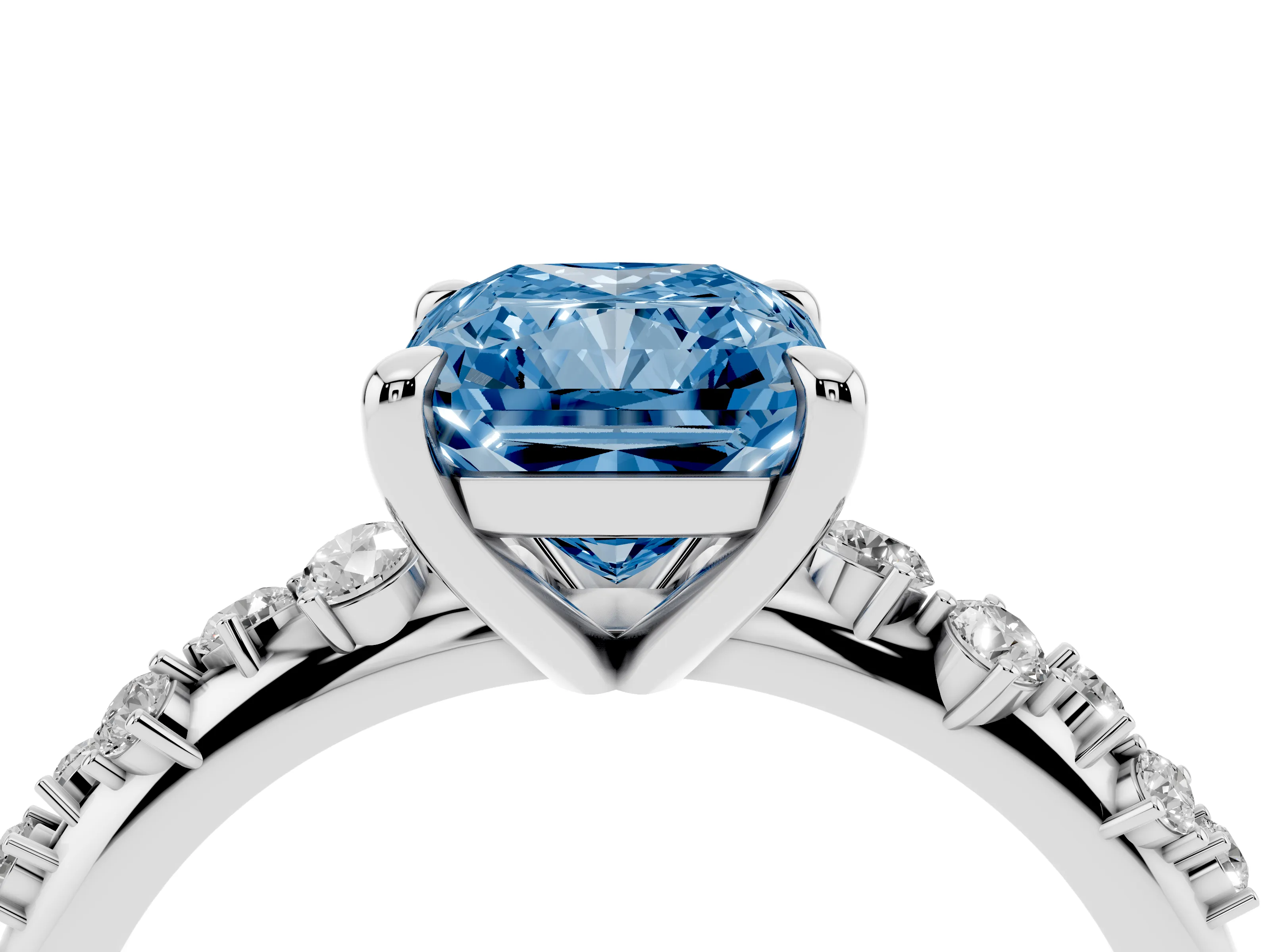 Fancy Blue Radiant Cut Diamond Solitaire Vine Band Ring Set in Silver with Round Accents and Prong Setting