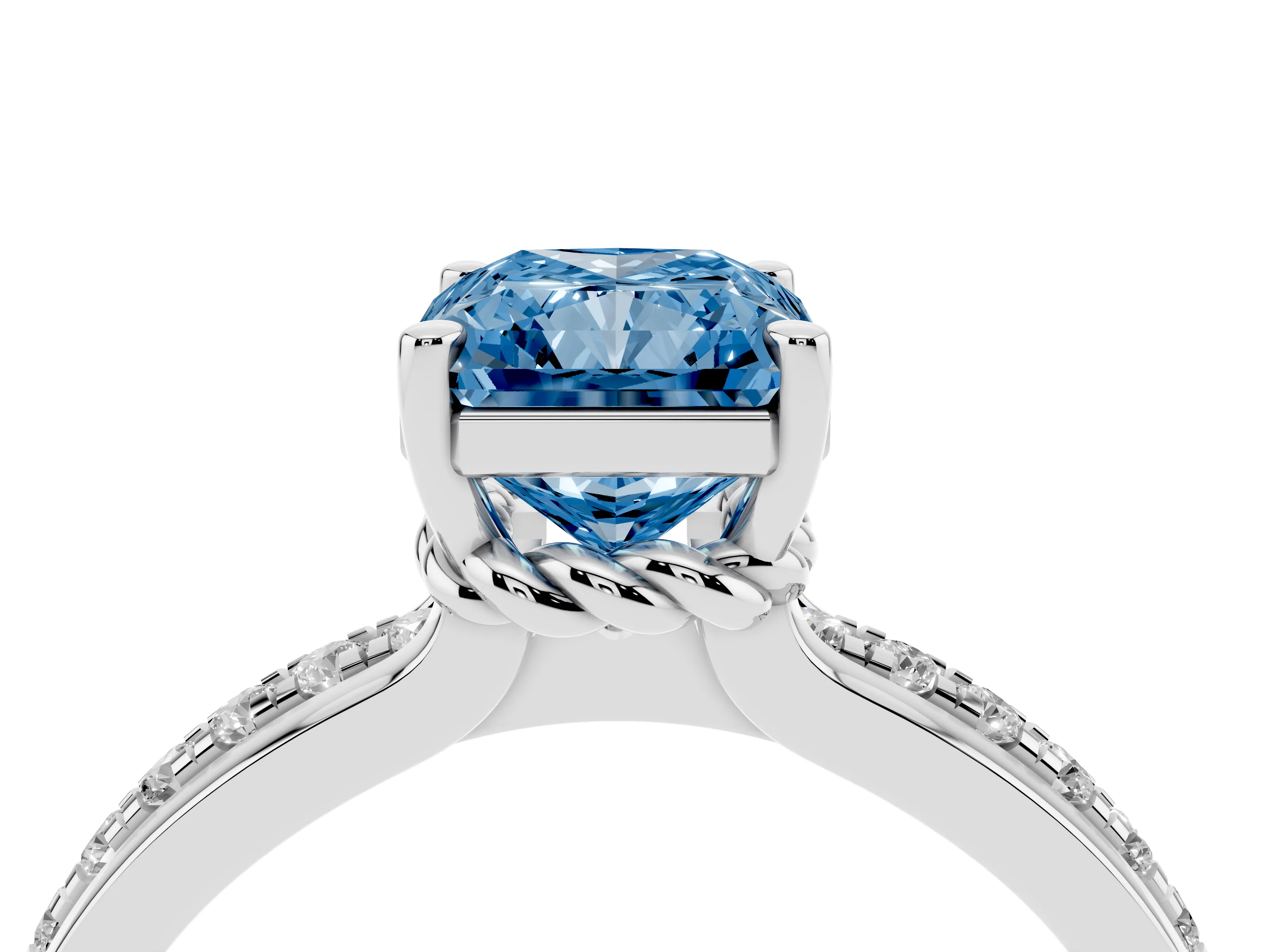 Fancy Blue Radiant Cut Diamond Solitaire Ring Set in White gold with Channel Set Band and Prong Setting
