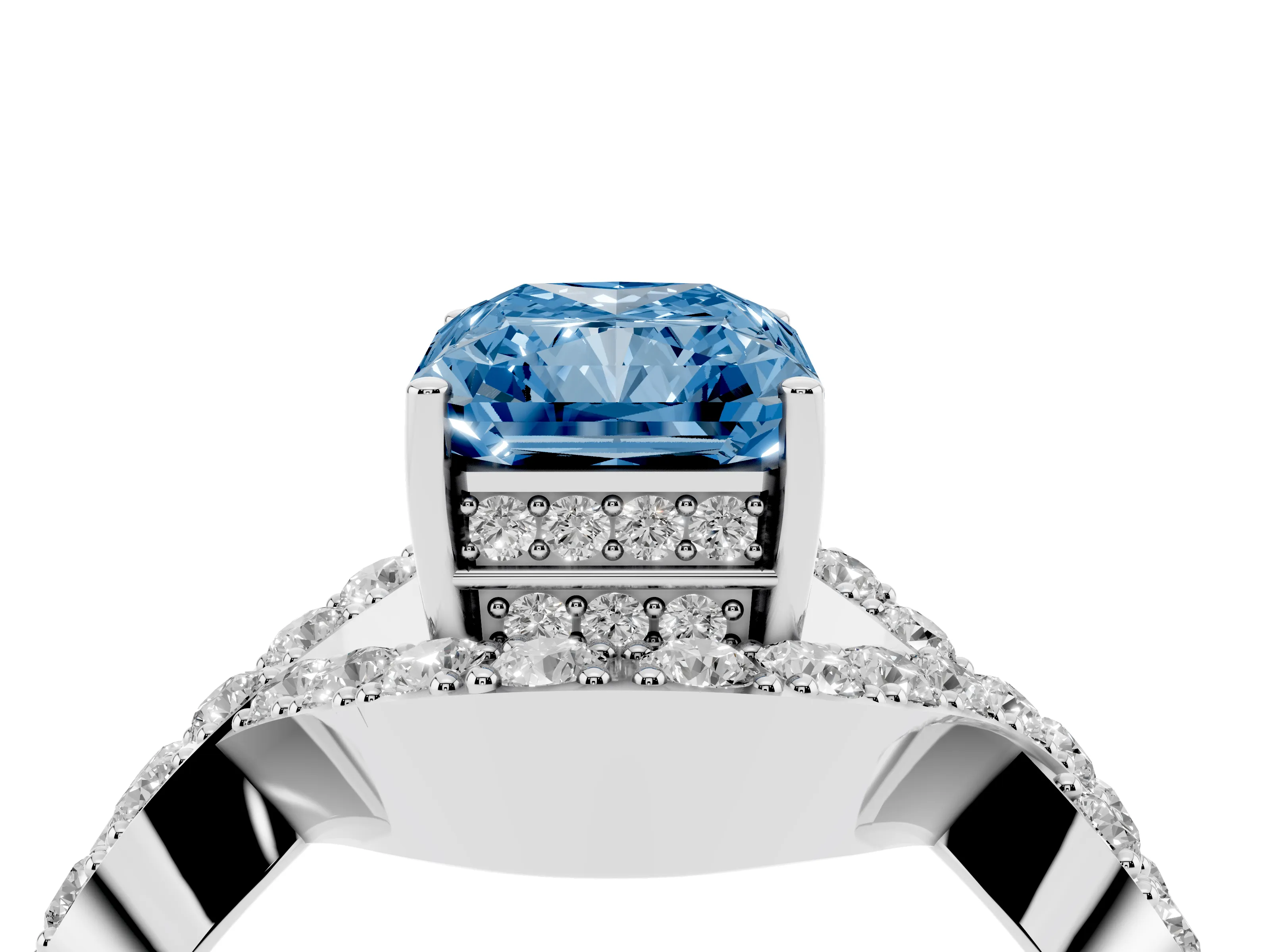 Fancy Blue Radiant Cut Diamond Solitaire Twist Band Pavé Engagement Ring Set in Platinum