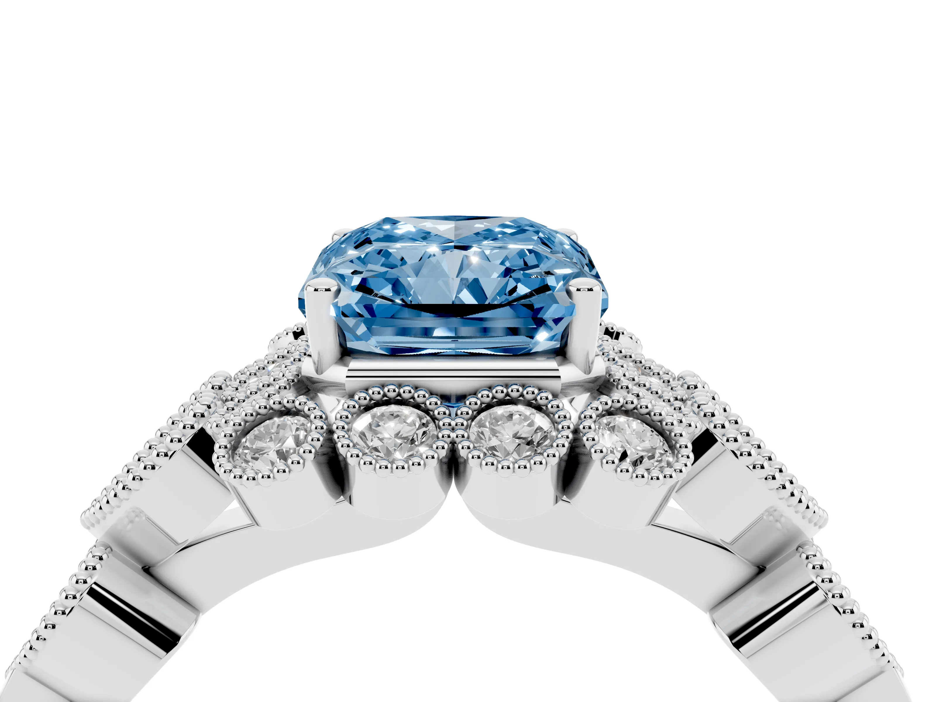 Fancy Blue Radiant Cut Diamond Solitaire Ring Set in Platinum with Milgrain Pavé Heart Band