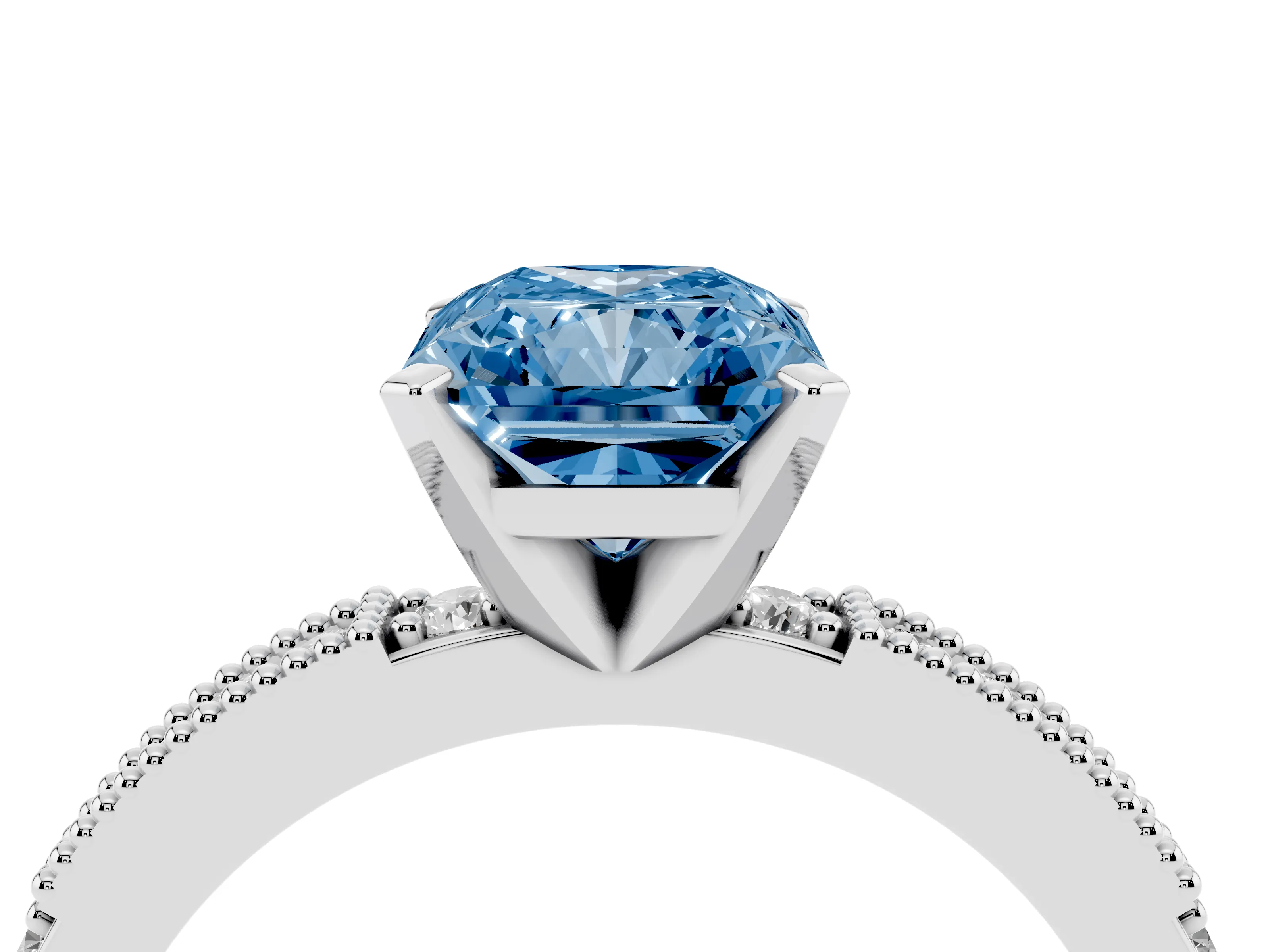 Fancy Blue Radiant Cut Diamond Solitaire Ring Set in White gold with Slim Pavé Band and Prong Setting
