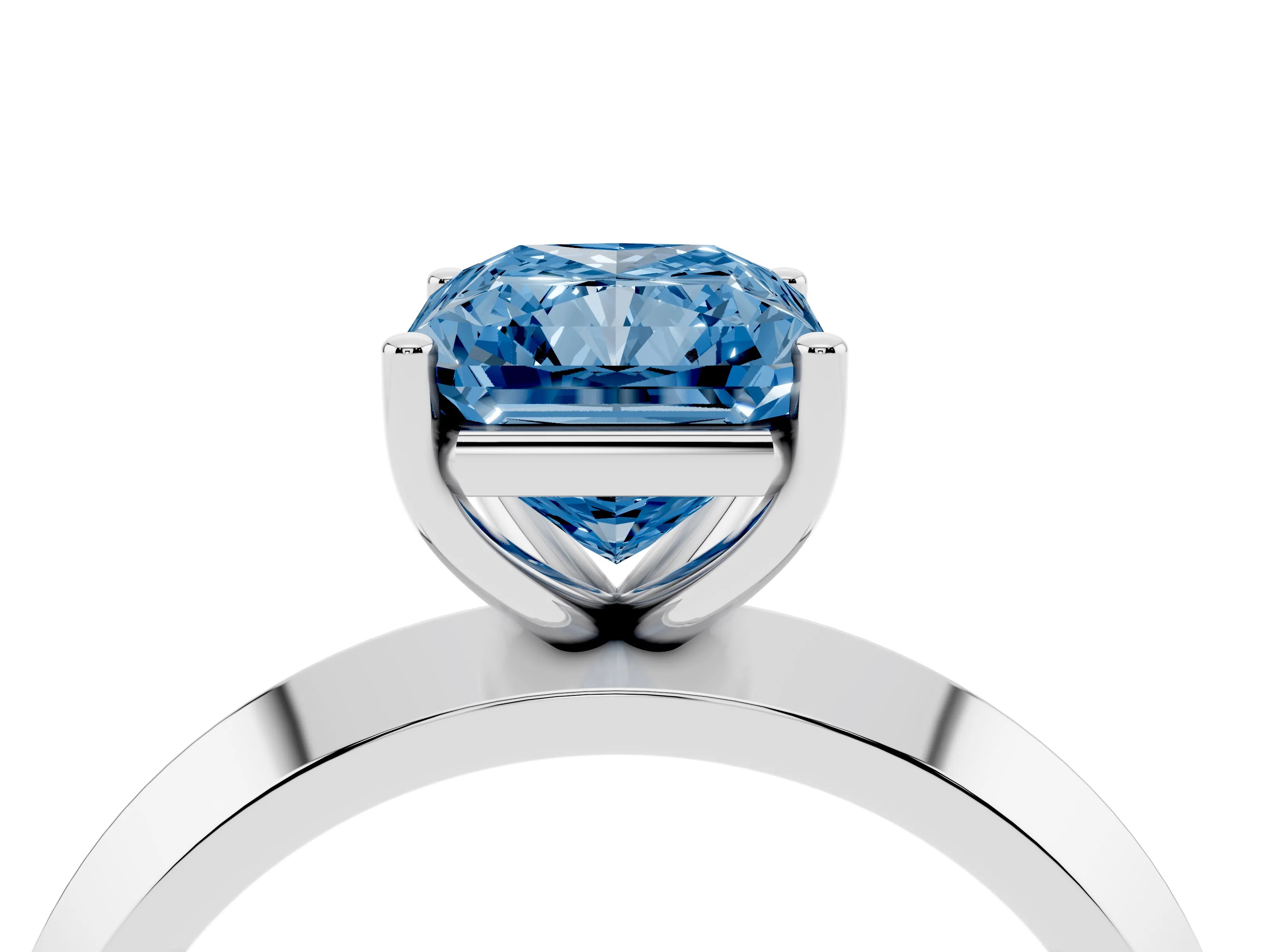 Fancy Blue Radiant Cut Diamond Solitaire Engagement Ring Set in Silver with Flat Band and Prong Setting