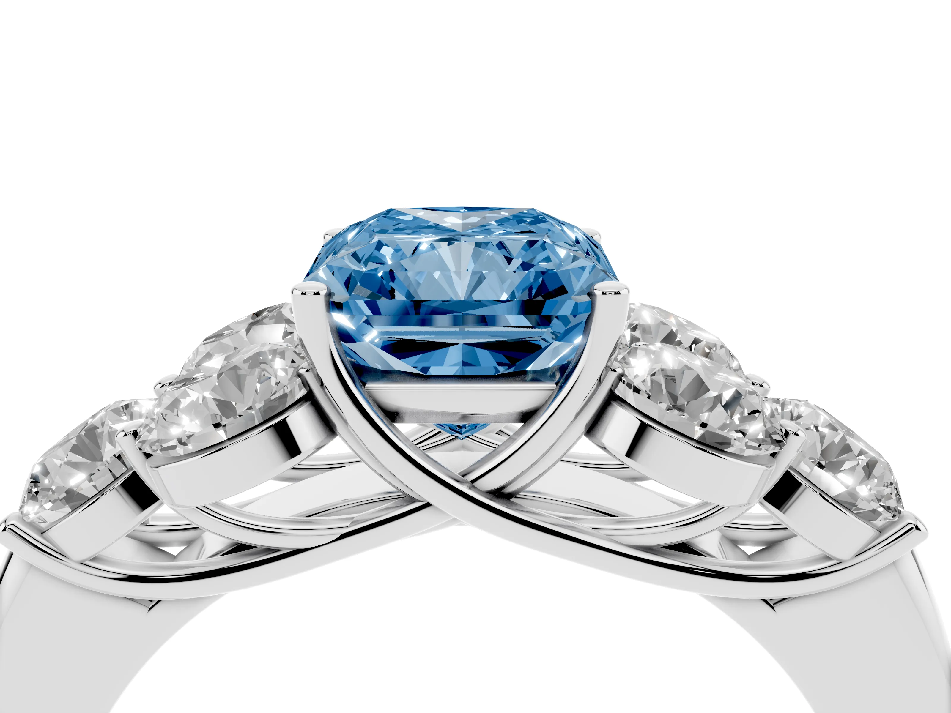 Fancy Blue Radiant Cut Diamond Cluster Ring Set in Silver with Round Accent Stones and Prong Setting on a Plain Band