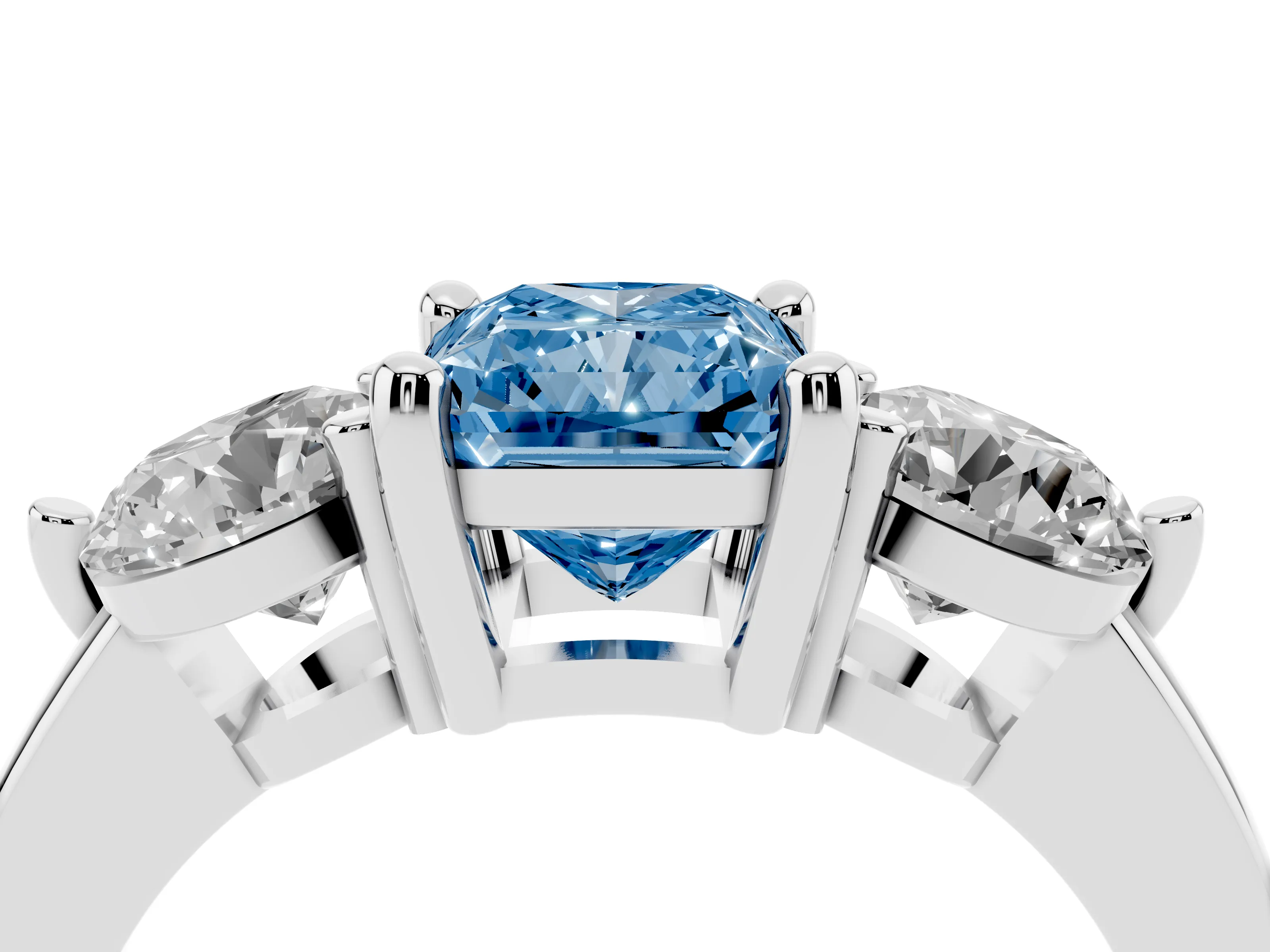 Fancy Blue Radiant Cut Diamond Three-Stone Ring Set in Silver with Prong Setting and Classic Band